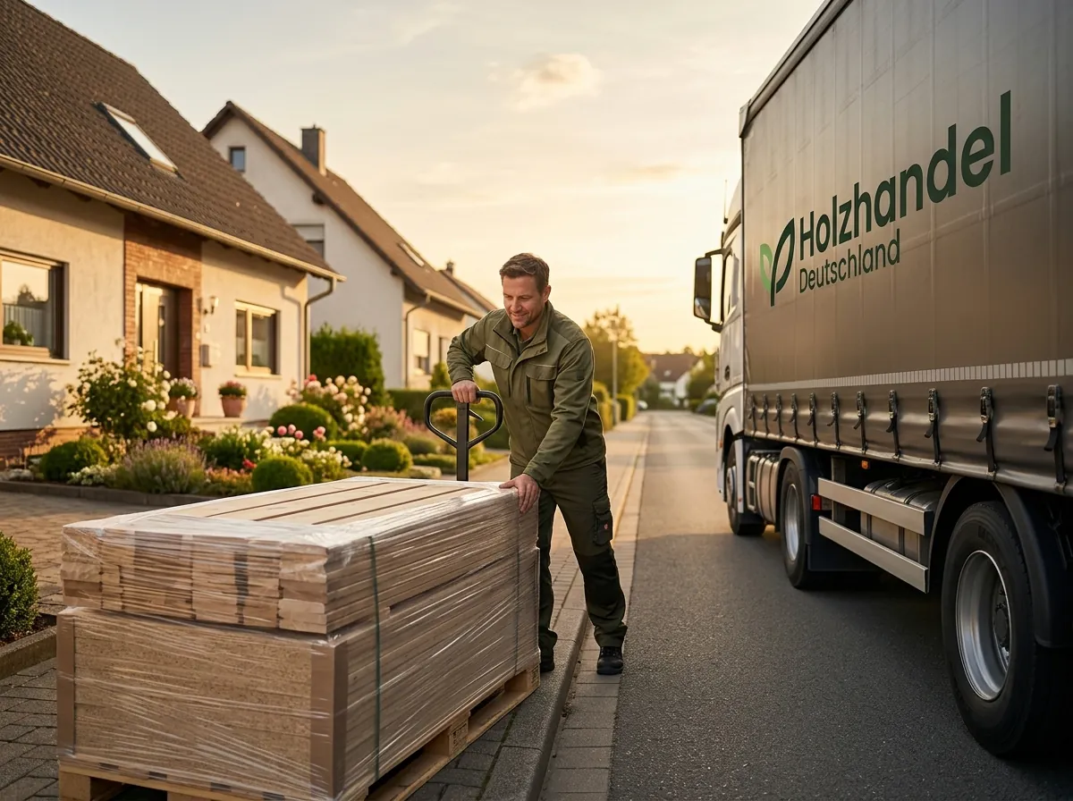 Lieferung einer Holzpalette vor einem Wohnhaus