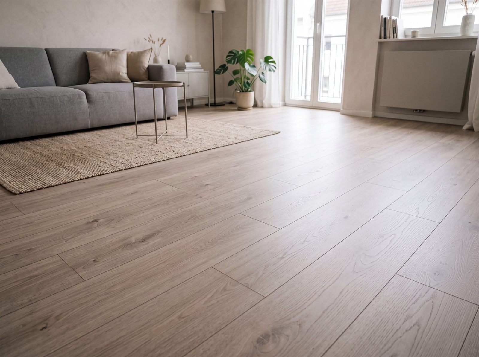 Wohnzimmer mit Laminat in heller Holzoptik, im Hintergrund ein graues Sofa und ein Teppich