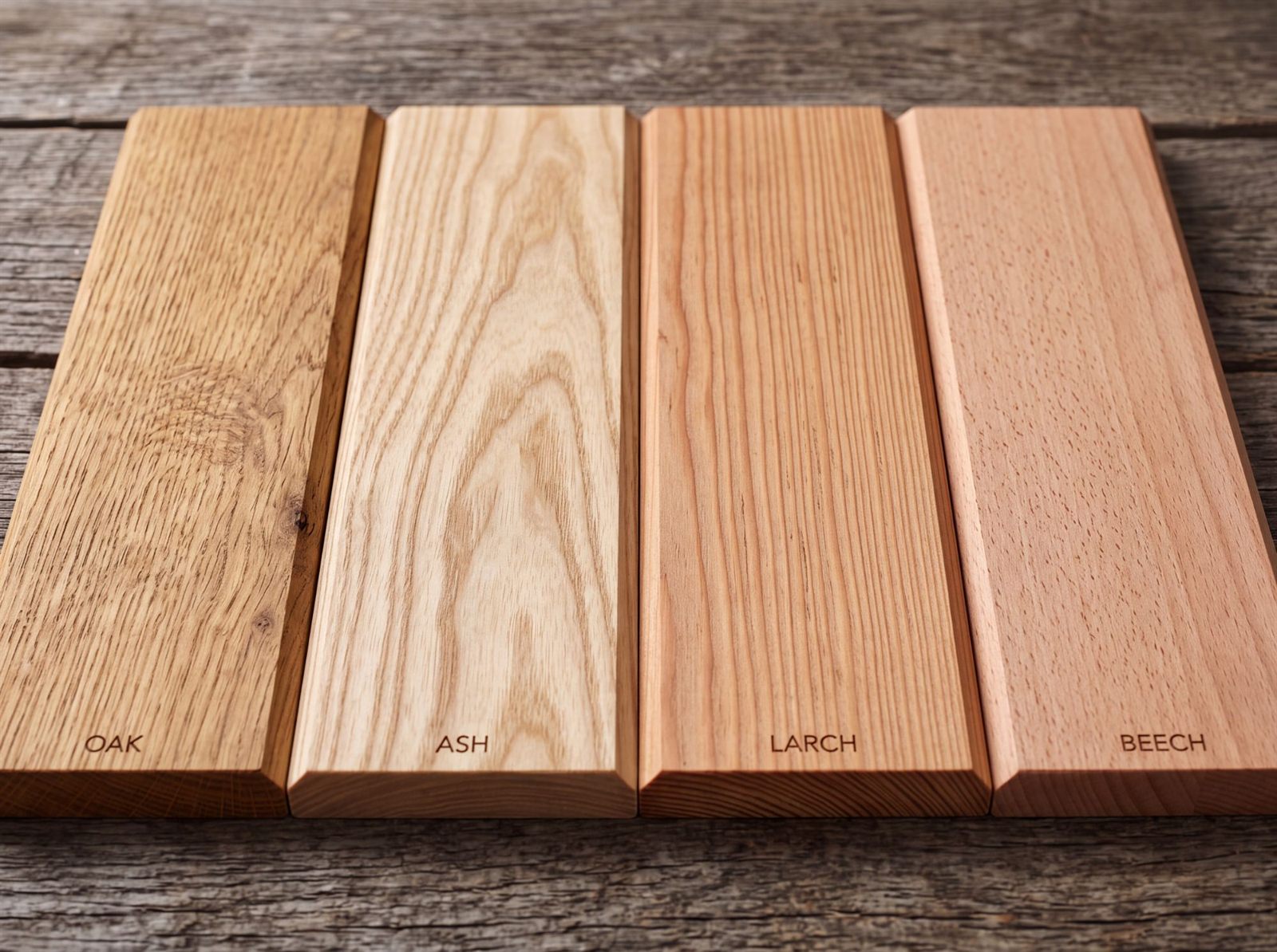 Vier Holzmuster nebeneinander auf einem rustikalen Holztisch: Eiche, Esche, Lärche und Buche mit unterschiedlicher Maserung