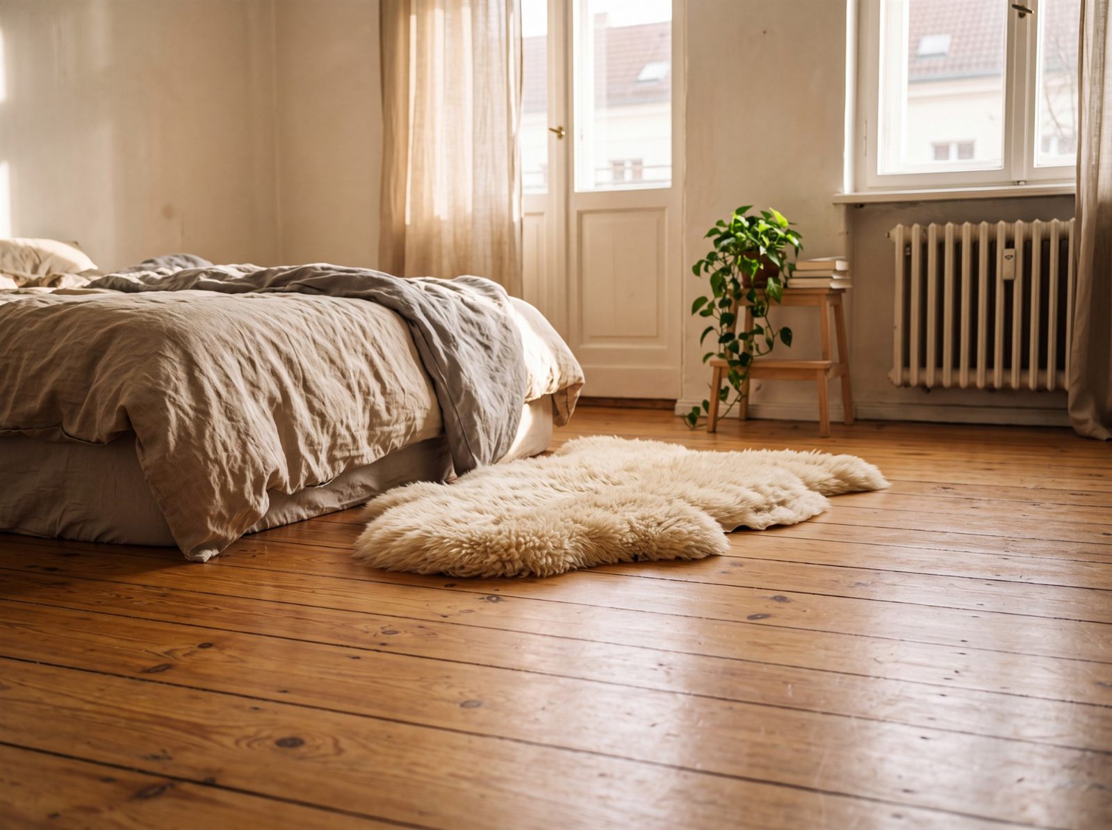 Gemütliches Schlafzimmer mit warmem Dielenboden und einem Schaffell vor dem Bett