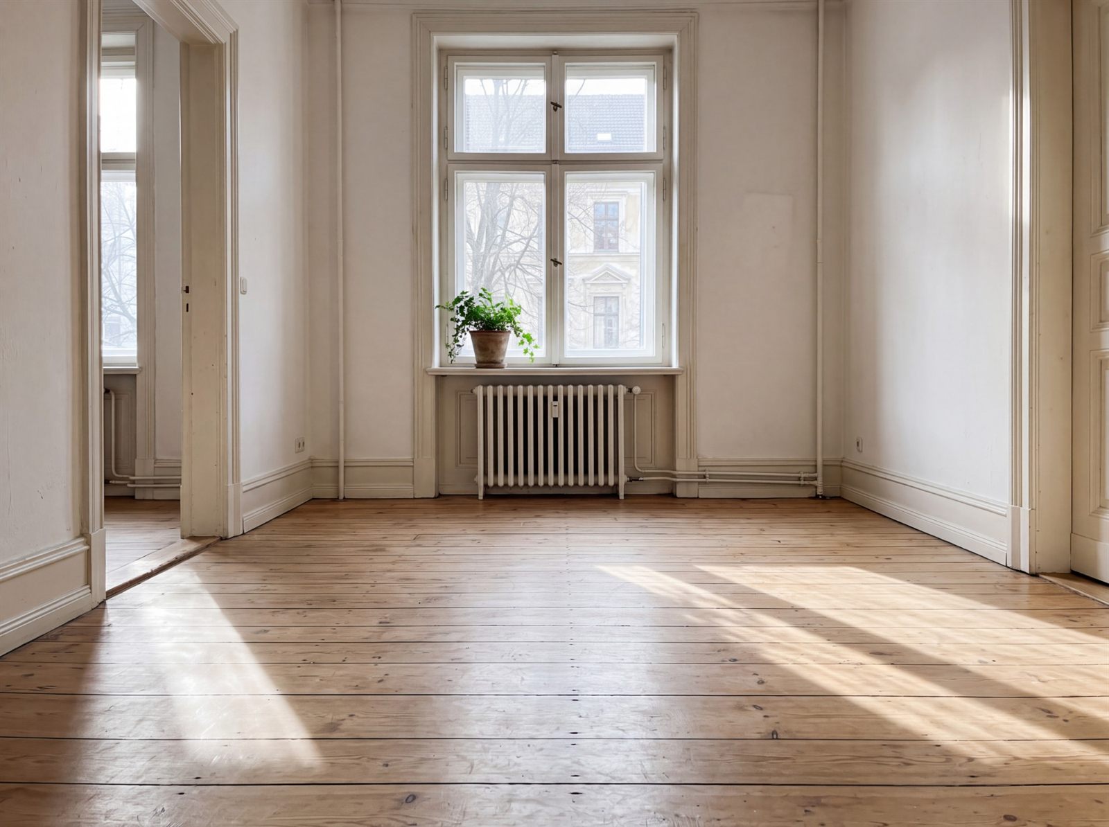 Heller Raum in einem Altbau mit Dielenboden, HeizkÃ¶rper und Zimmerpflanze am Fenster, Sonnenlicht fÃ¤llt auf die Dielen