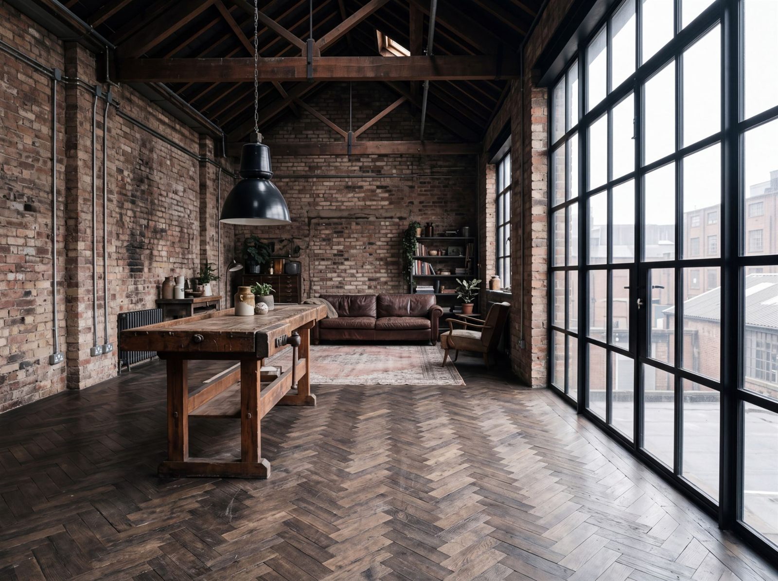 Dunkler Fischgrät-Holzboden in einem Industrial-Loft mit Backsteinwänden, Werkbank und großer Stahlfensterfront