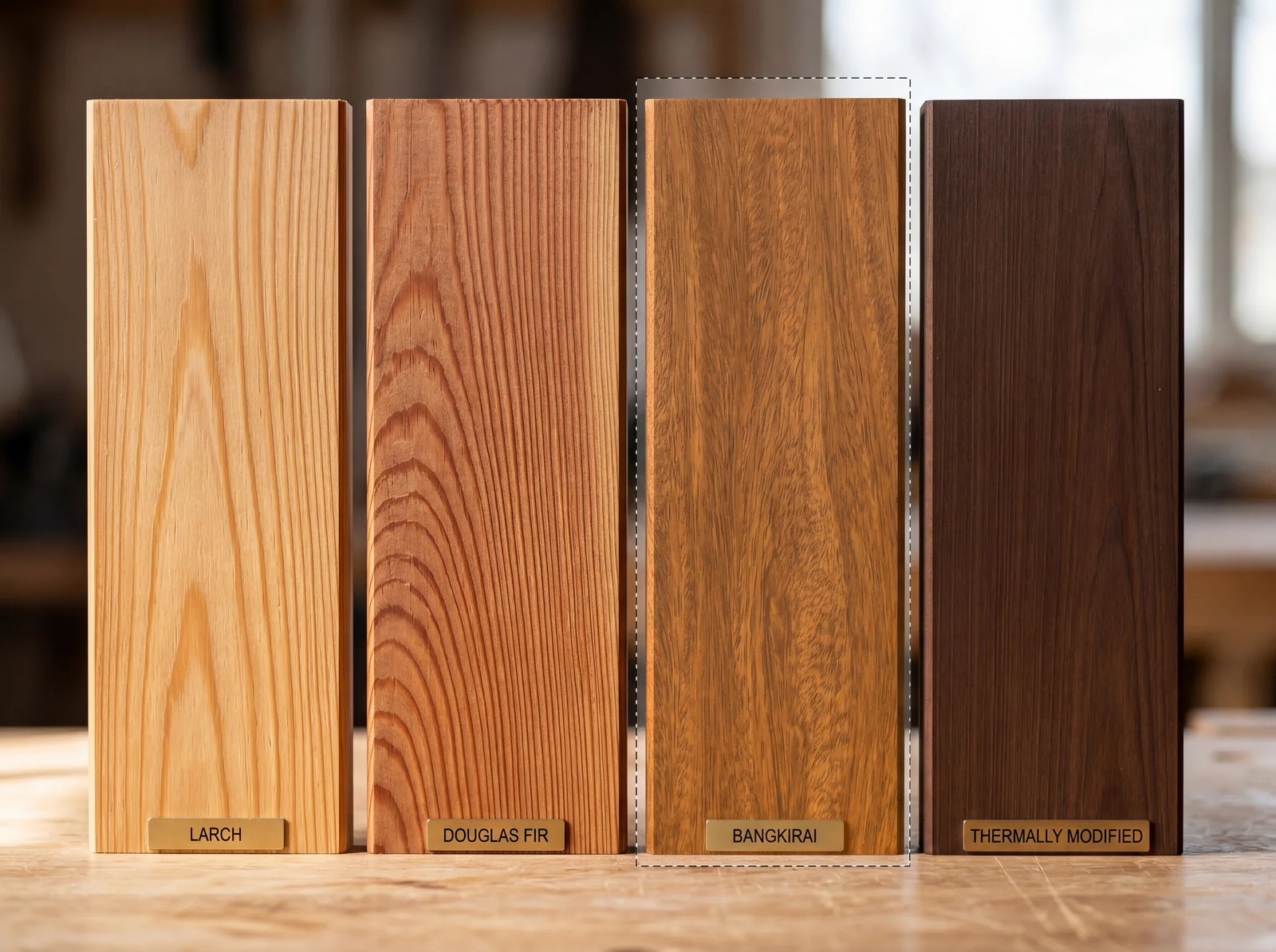 Vier Terrassendielen-Holzarten nebeneinander: Lärche, Douglasie, Bangkirai und Thermoholz