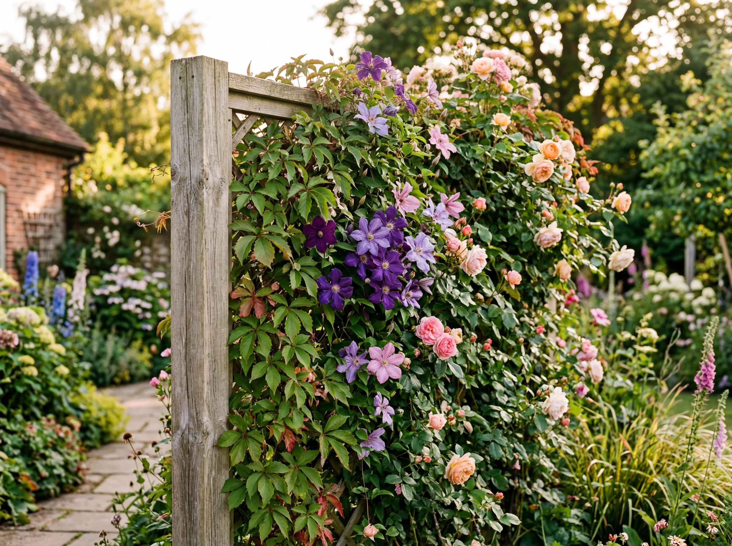 Holzrahmen-Sichtschutz dicht bewachsen mit Clematis und wildem Wein, Rosen blühen dazwischen, Lärchenholz-Rahmen naturbelassen, sommerlicher Garten im Hintergrund