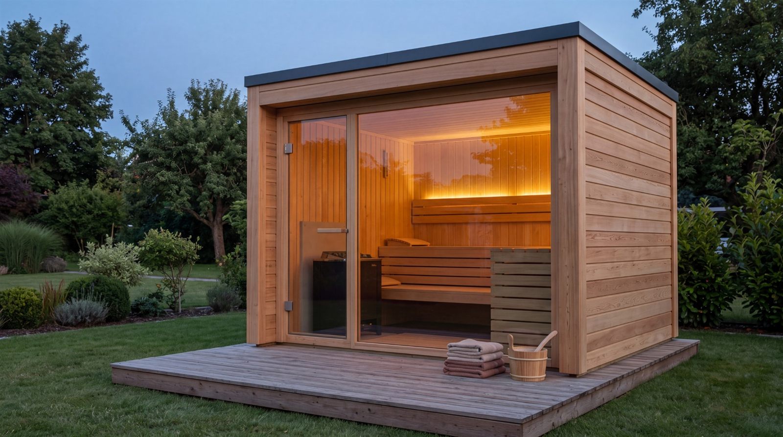 Moderne Gartensauna aus Holz mit großer Glasfront und warmem Licht im Abendlicht, davor Handtücher und Holzeimer auf der Terrasse