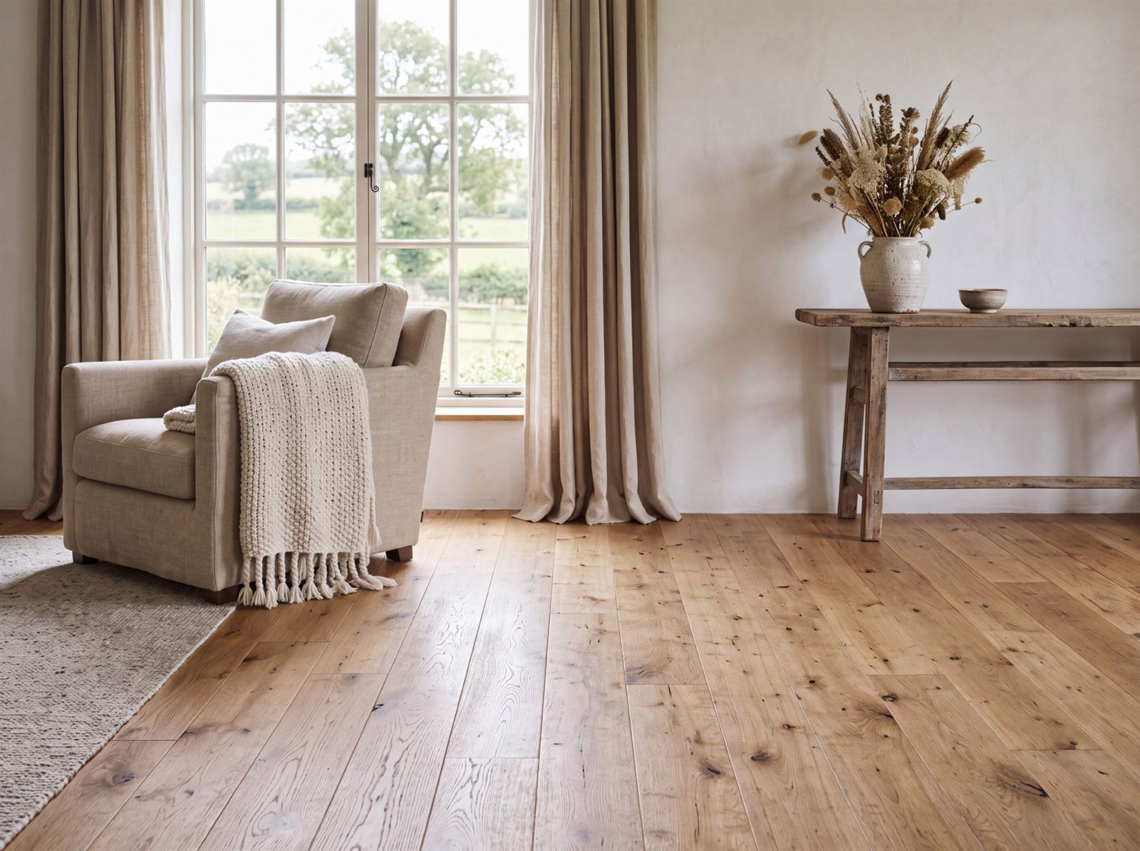 Breite Holzdielen mit Ästen in einem Wohnzimmer im Landhausstil mit Sessel, Leinenvorhängen und Konsolentisch