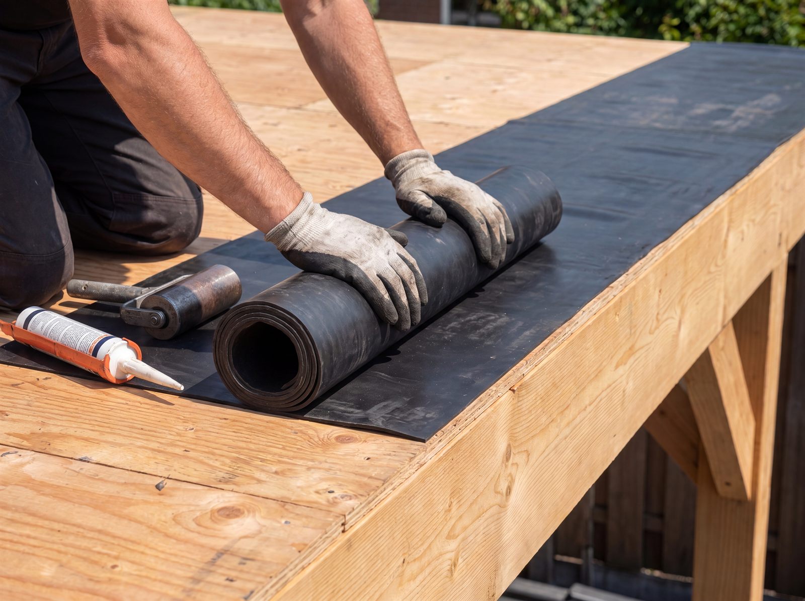 Verlegen einer EPDM-Dachfolie auf der Holzschalung eines Carport-Flachdachs