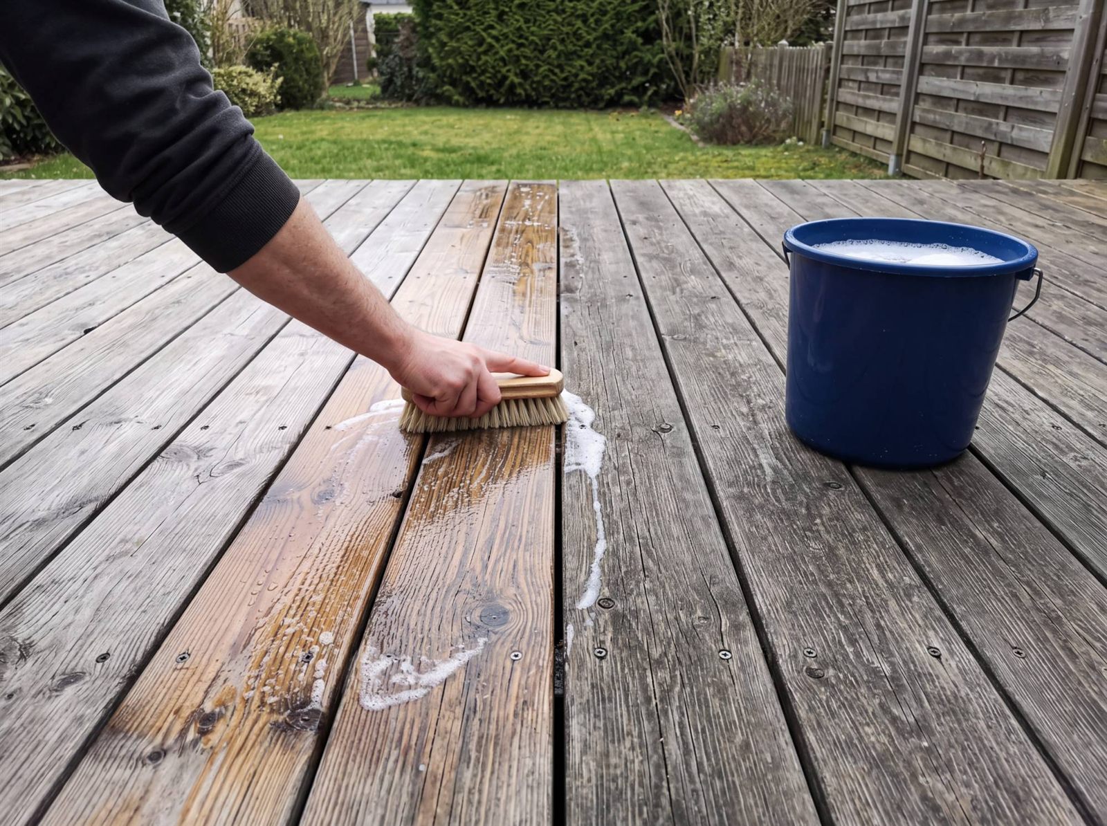 Hand mit Bürste reinigt eine graue Holzterrasse, ein Eimer steht daneben
