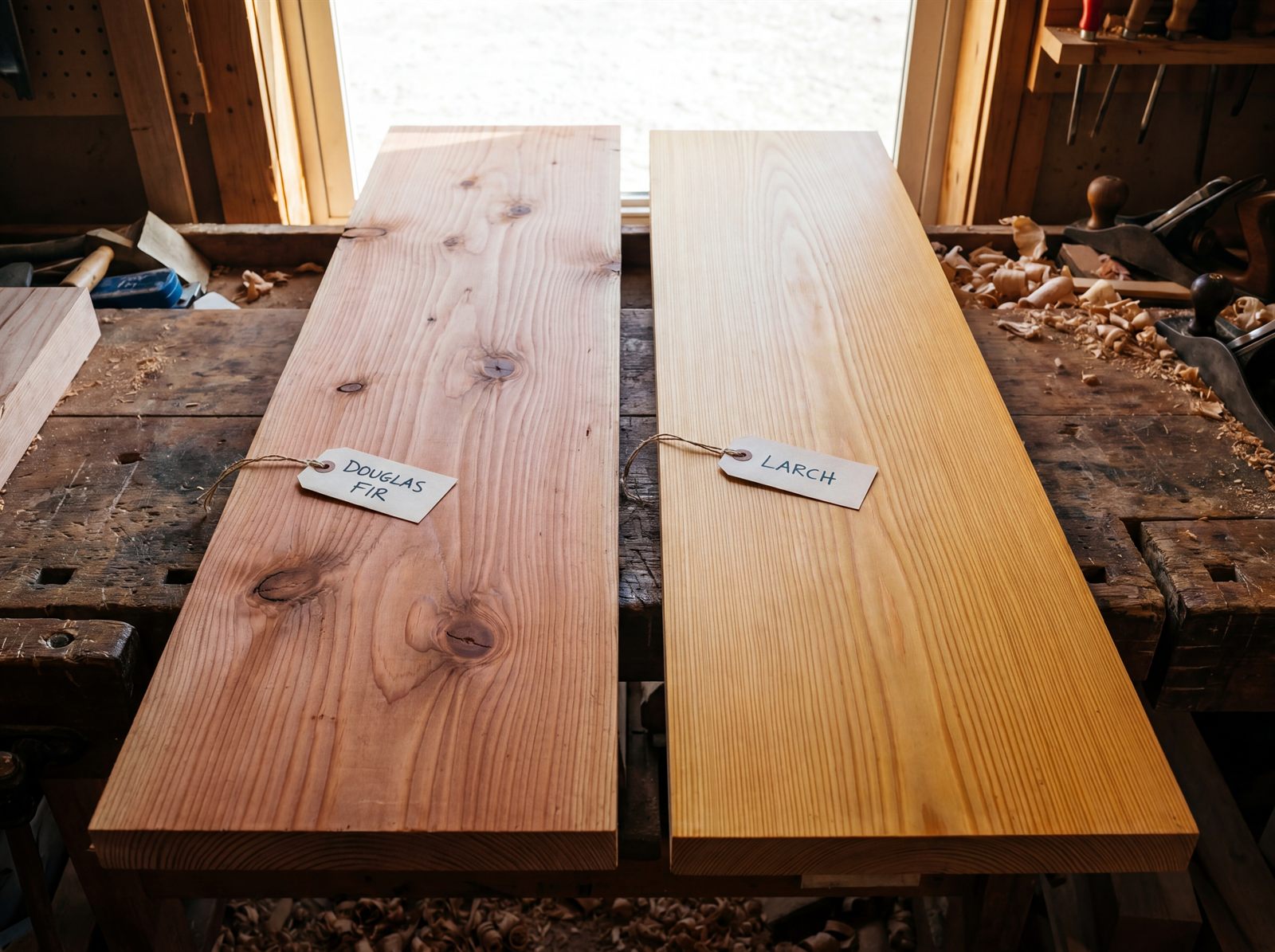 Holzvergleich Douglasie und Lärche für Gartenmöbel nebeneinander