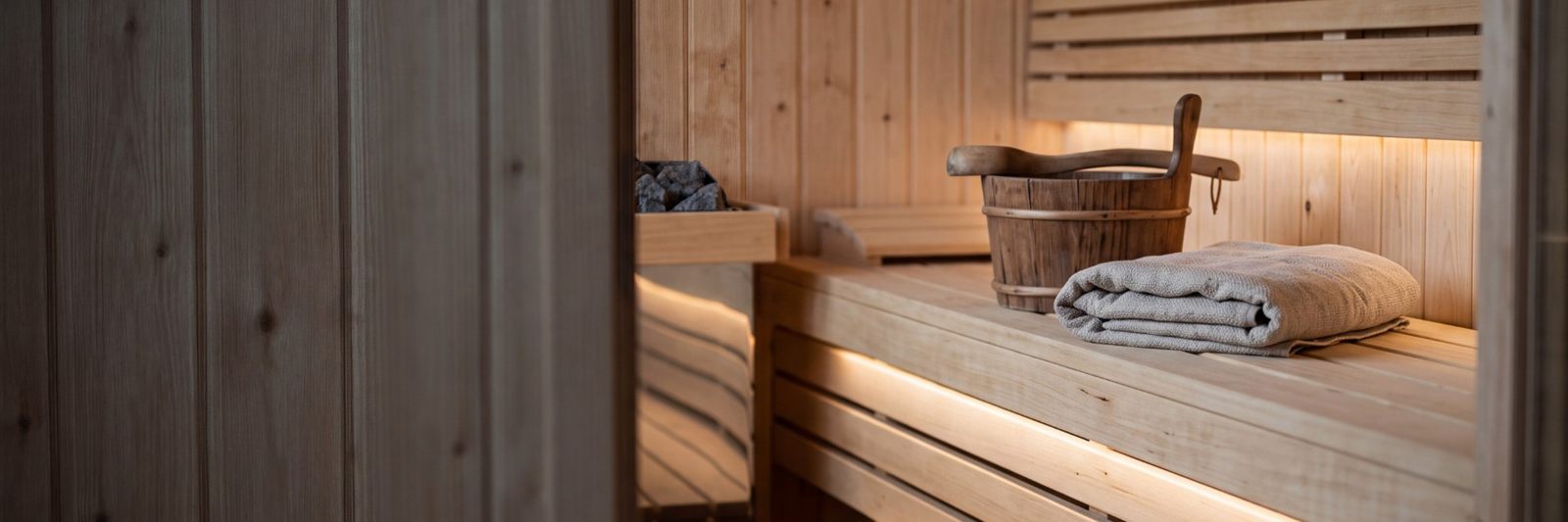 Saunakabine aus hellem Holz mit Saunabank, Aufgusskübel und Leinentuch