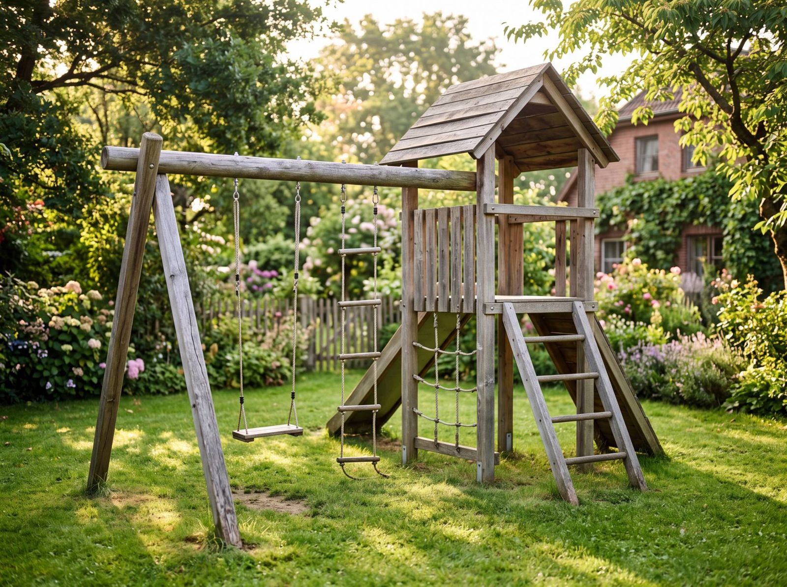 Spielturm aus vergrautem Holz mit Schaukel, Rutsche, Strickleiter und Kletternetz in einem deutschen Garten