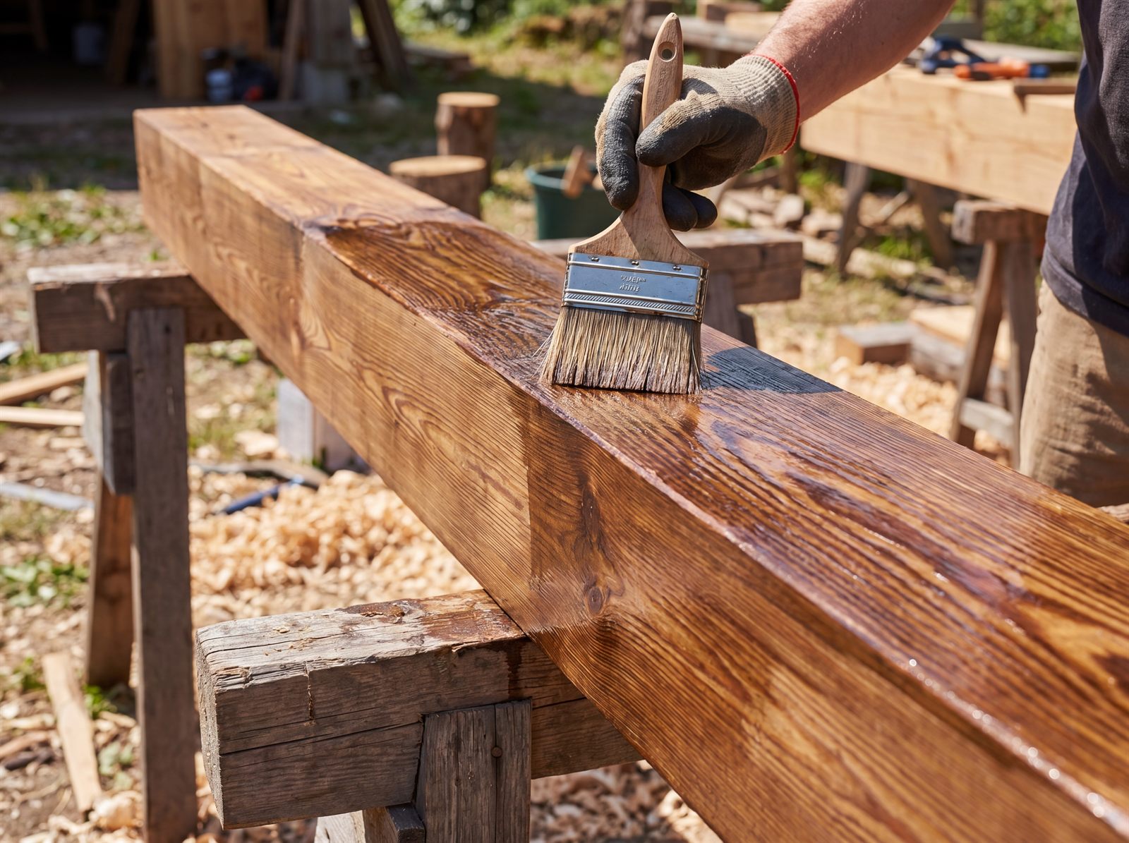 Holzschutzöl wird mit Pinsel auf Lärchenholz-Balken einer Pergola aufgetragen
