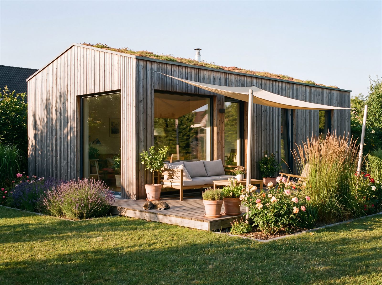 Modernes Gartenhaus aus nordischer Lärche in einem sonnigen Garten mit Blumenbeeten und kleiner Holzterrasse