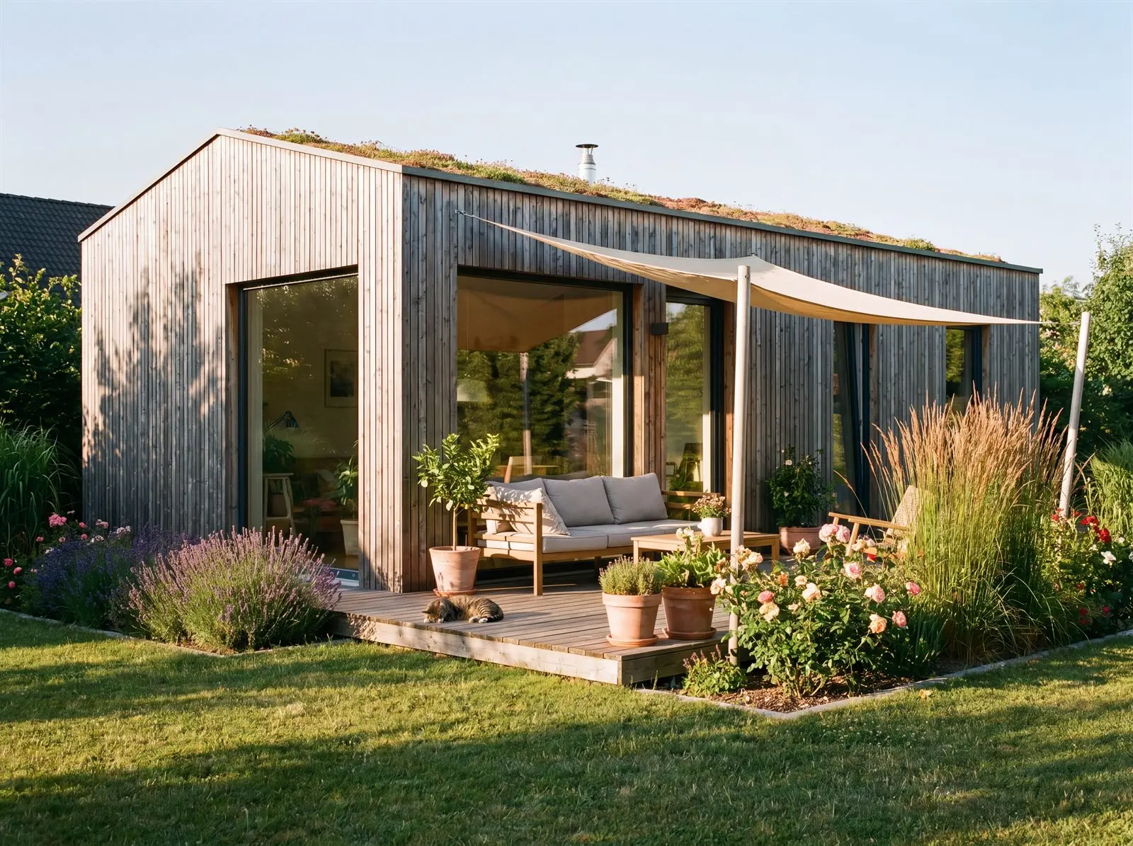 Modernes Gartenhaus aus nordischer Lärche in einem sonnigen Garten mit Blumenbeeten und kleiner Holzterrasse