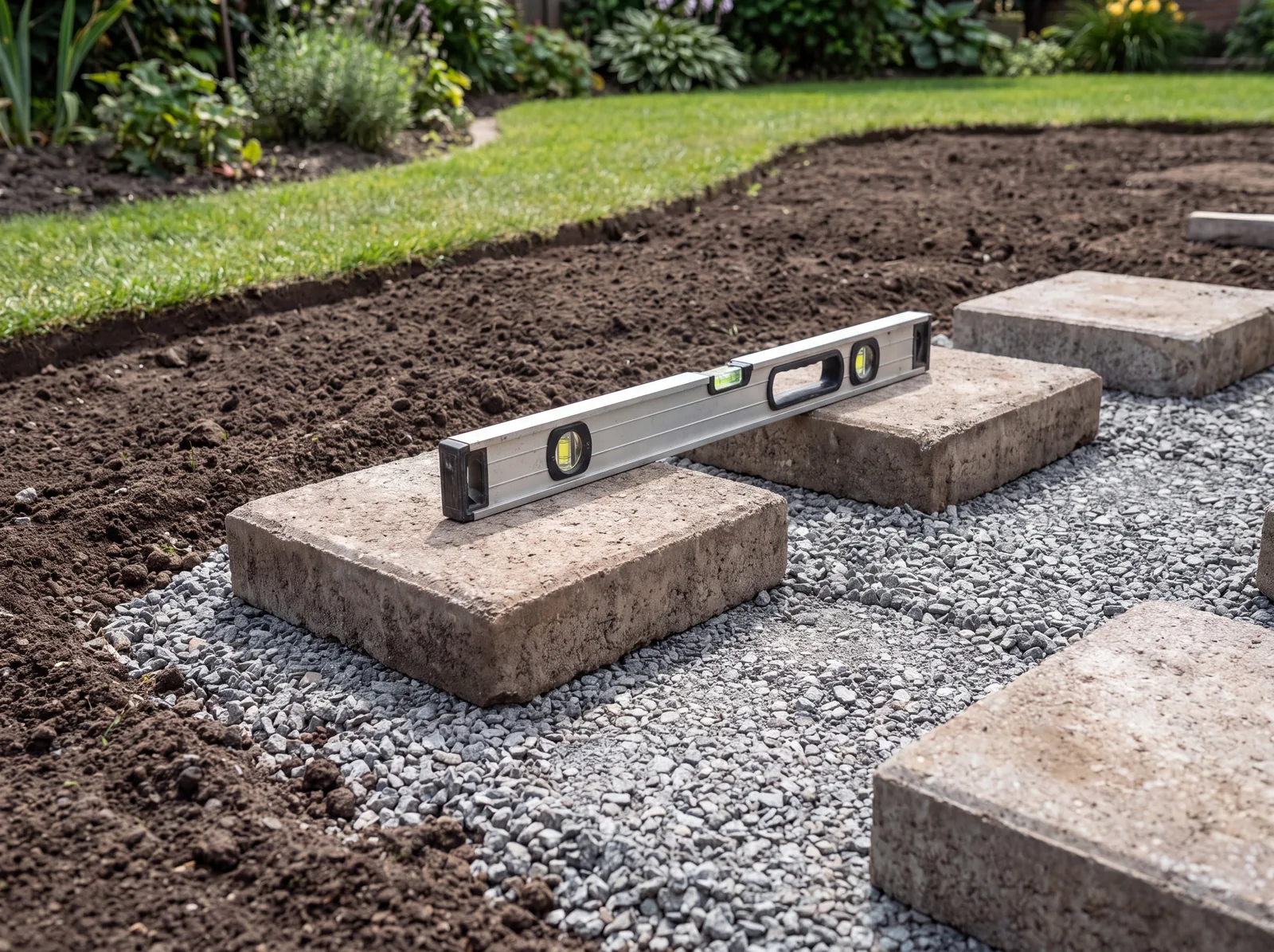 Punktfundament aus ausgerichteten Betonplatten als Untergrund für eine Gartensauna