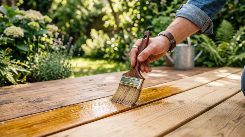 Nahaufnahme – Hand mit breitem Pinsel trägt goldenes Terrassenöl auf Holzdielen auf, natürliches Licht, grüner Garten im Hintergrund