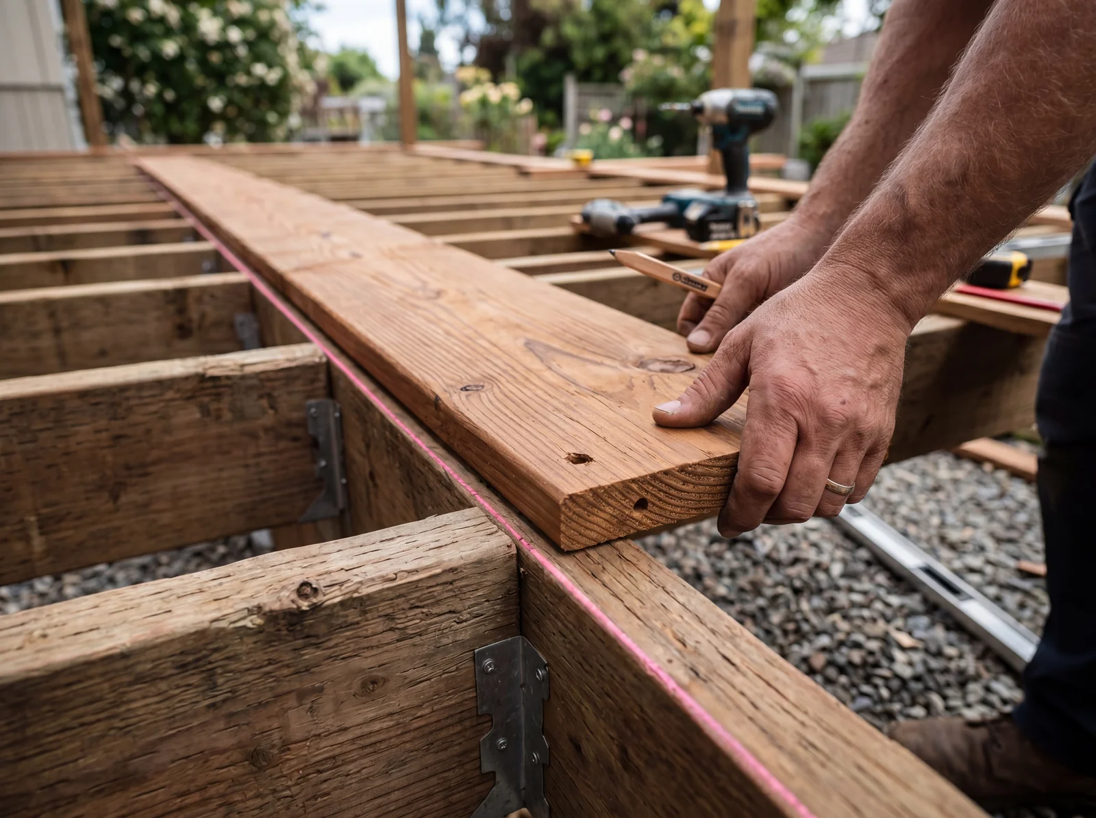 Hand legt erste Terrassendiele auf Unterkonstruktion mit Richtschnur zur Ausrichtung