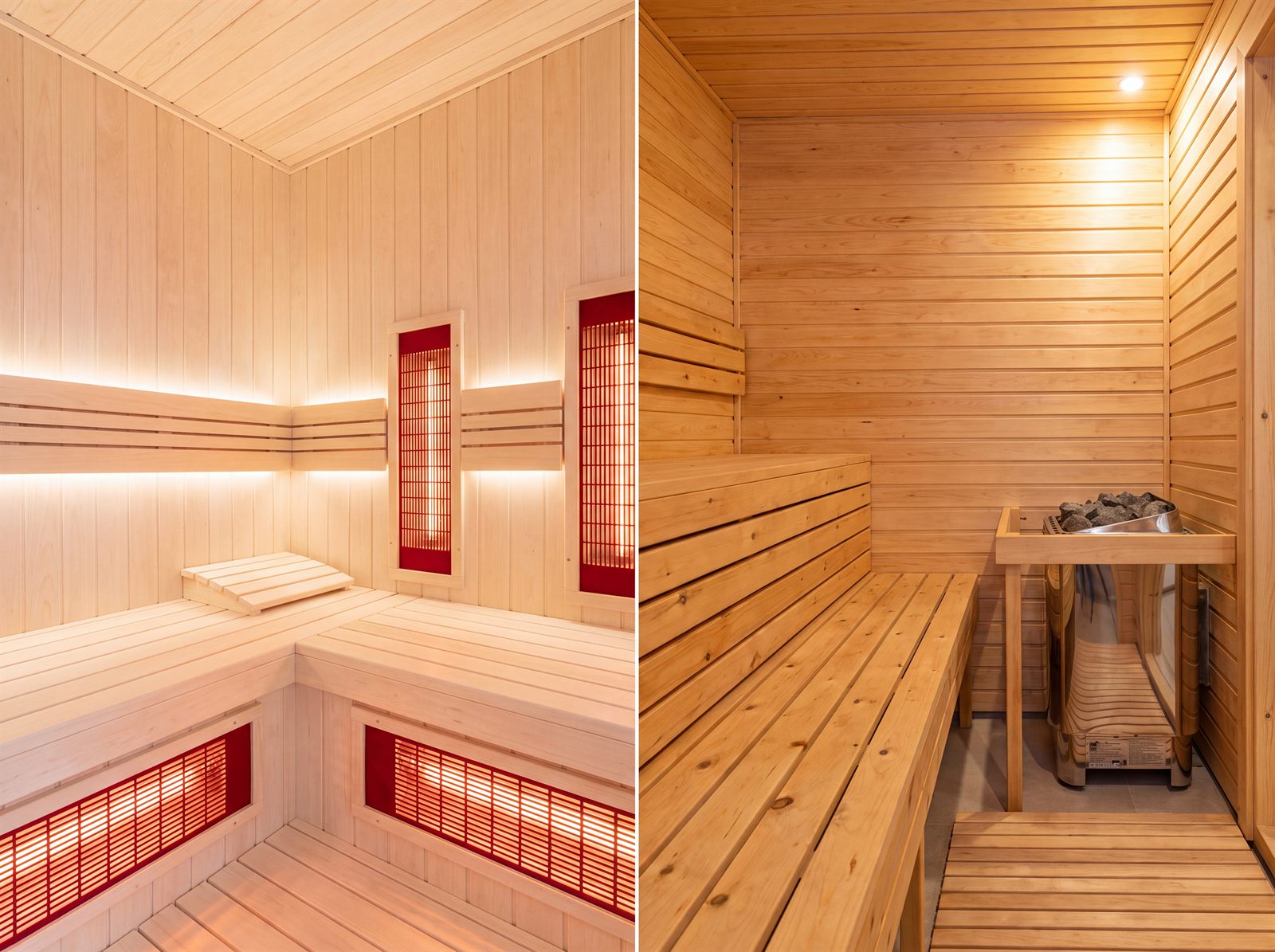 Split-Ansicht: Infrarotkabine mit rot leuchtenden Strahlern links, klassische finnische Sauna mit Ofen und Steinen rechts