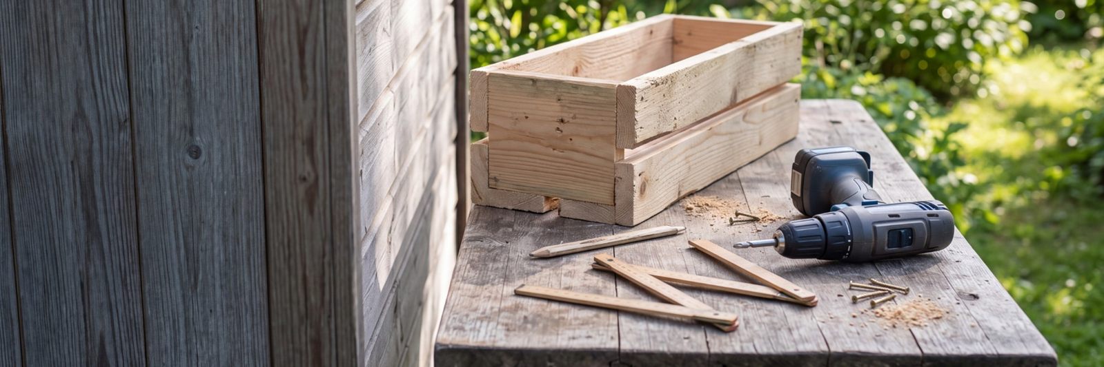 Werkbank im Garten mit Pflanzkasten aus Holz, Akkuschrauber und Zollstock