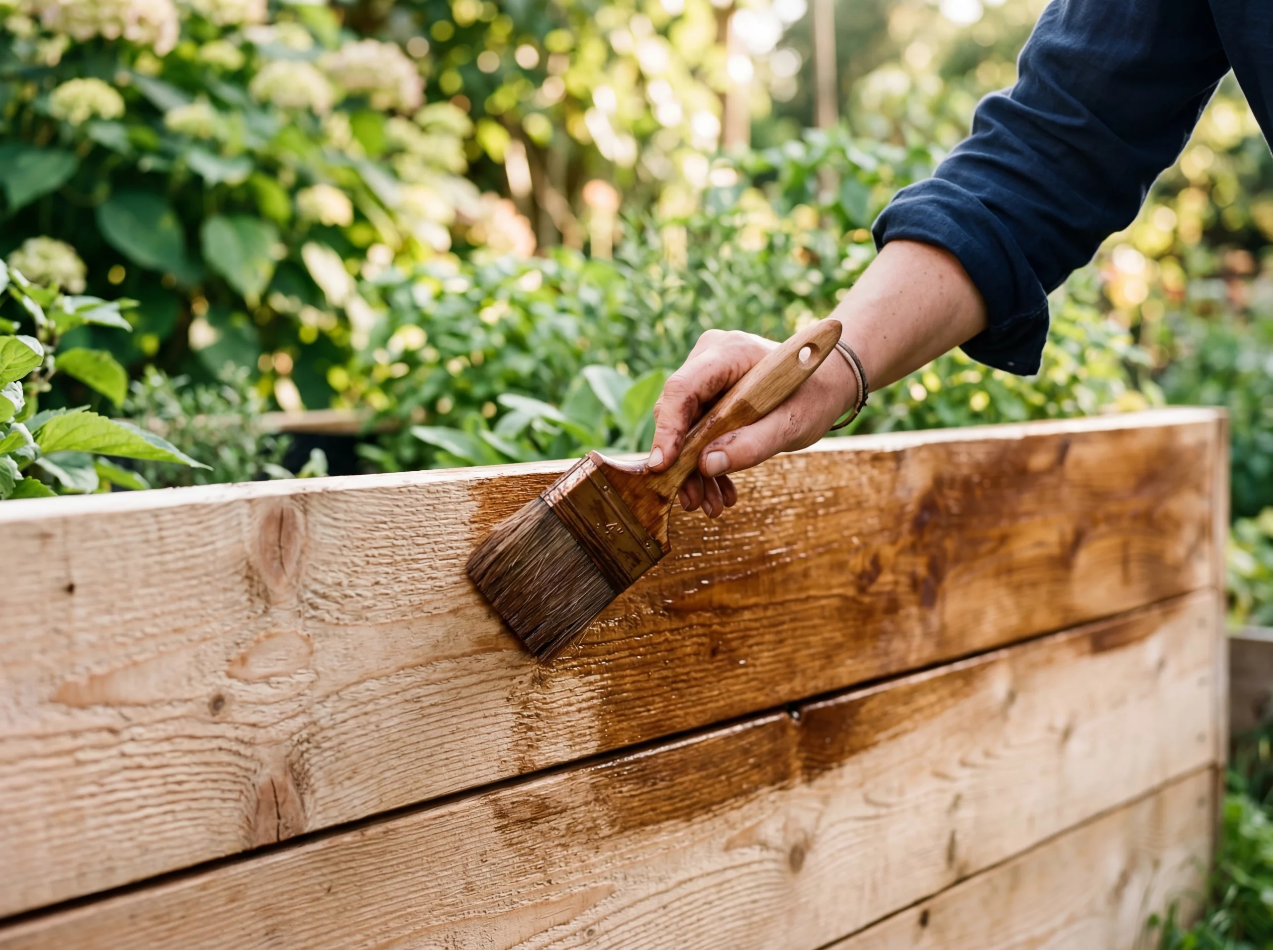 Nahaufnahme einer Hand, die mit einem breiten Pinsel Holzschutzlasur auf die Außenwand eines Hochbeets aus Lärche aufträgt