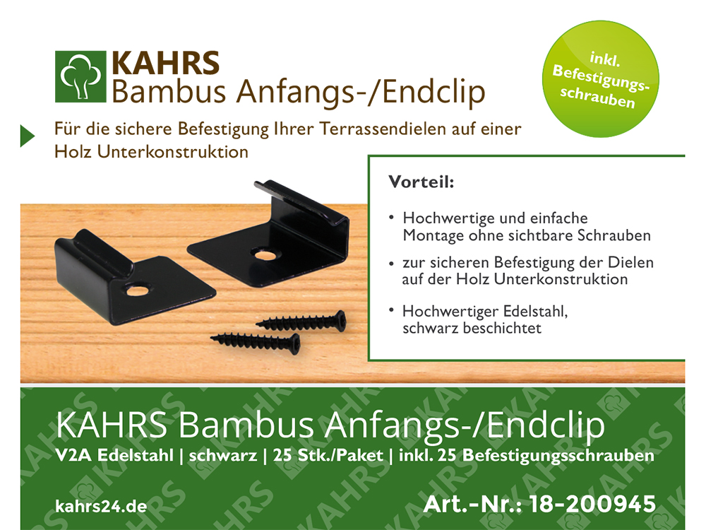 KAHRS Moso-Bambus Anfangs-/ Endclip, V2A, schwarz, 25 Stck/Paket, inkl.  Schrauben fr Holz-UK
