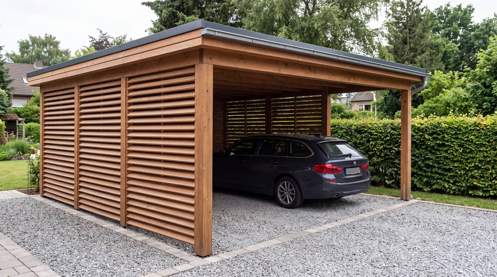 Carport aus Holz mit Seitenwänden und Sichtschutz aus waagerechten Rhombusleisten, Auto unter dem Dach, Kiesfläche und Hecke