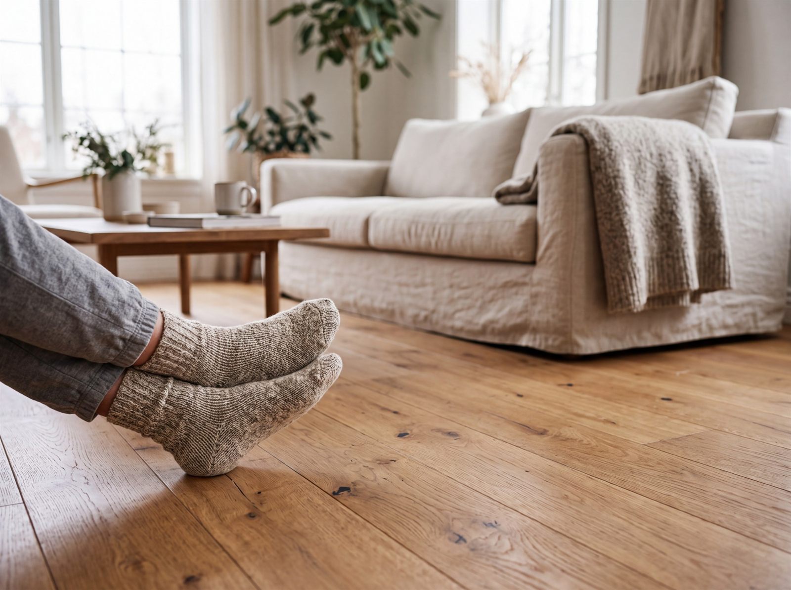Füße in Wollsocken auf einem Eichen-Dielenboden im hellen Wohnzimmer, Holzboden auf Fußbodenheizung