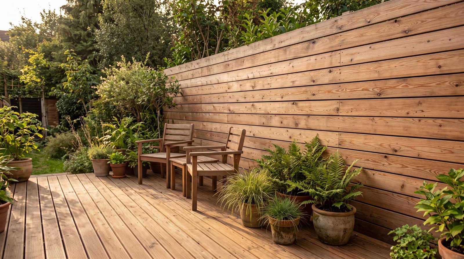 Holzterrasse mit zwei Holzstühlen, Beistelltisch und Pflanzkübeln vor einem hohen Sichtschutz aus waagerechten Holzbrettern