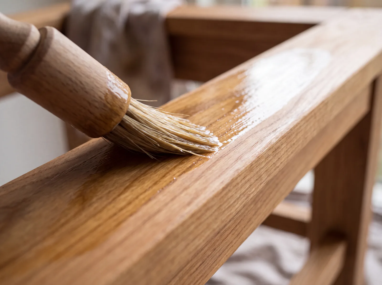 Nahaufnahme: Holzöl wird mit einem Pinsel gleichmäßig in Faserrichtung auf eine Holzmöbel-Oberfläche aufgetragen