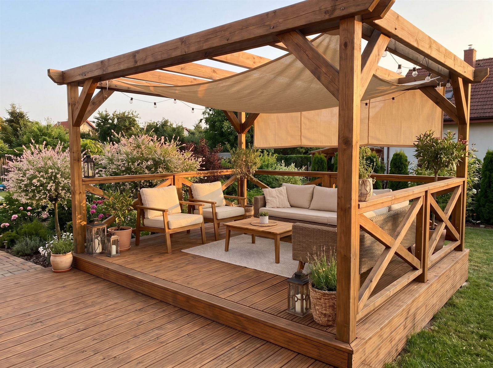 Fertig gebaute Holzterrasse mit Pergola und Loungemöbeln im Sommer