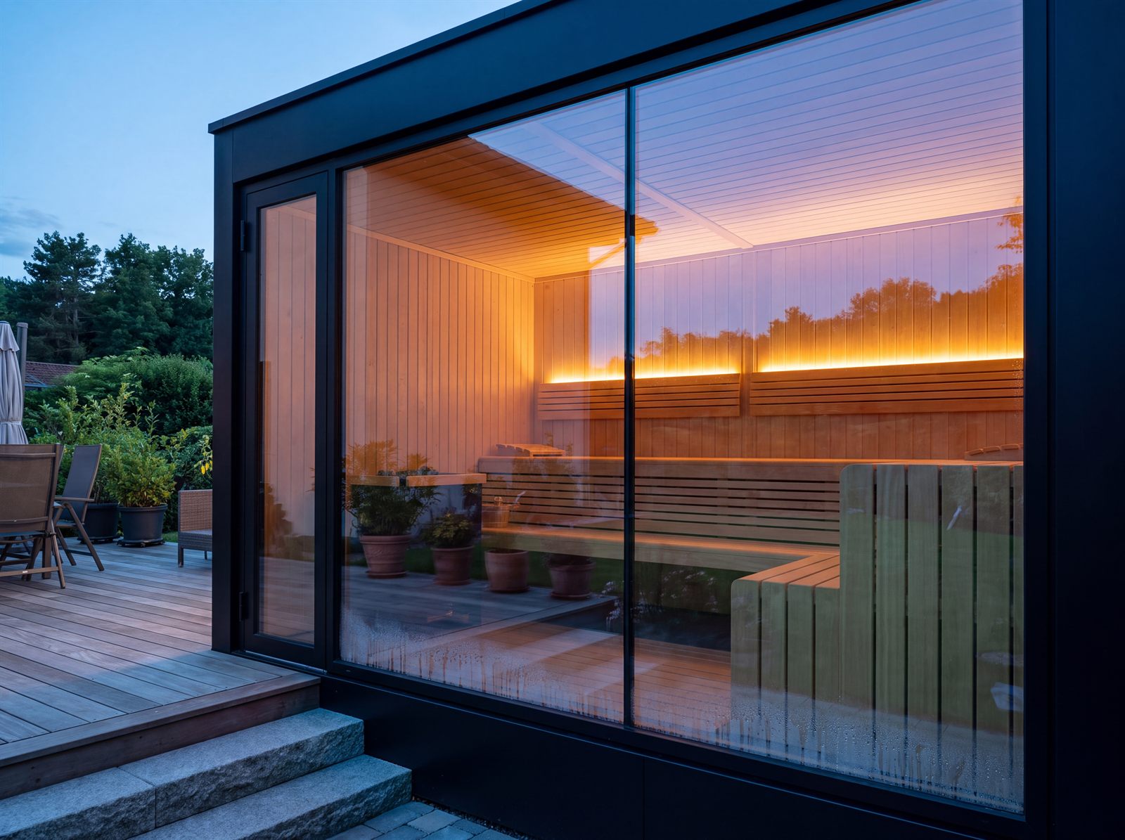 Außensauna im Garten mit großer Glasfront, dahinter beleuchtete Holzverkleidung und Saunabänke