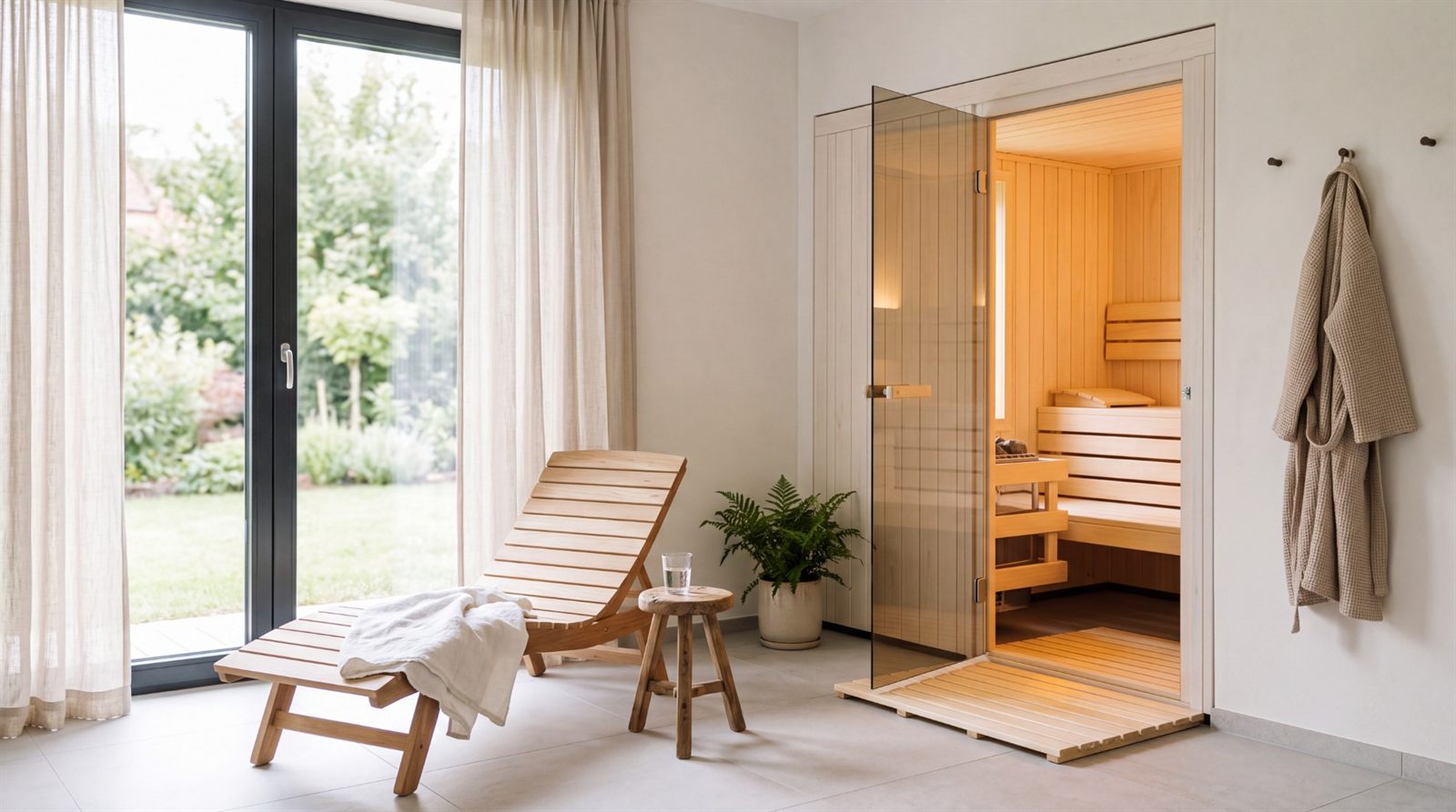 Heller Wellnessbereich zuhause mit Saunakabine aus Espenholz, Glastür und Ruheliege aus Holz davor
