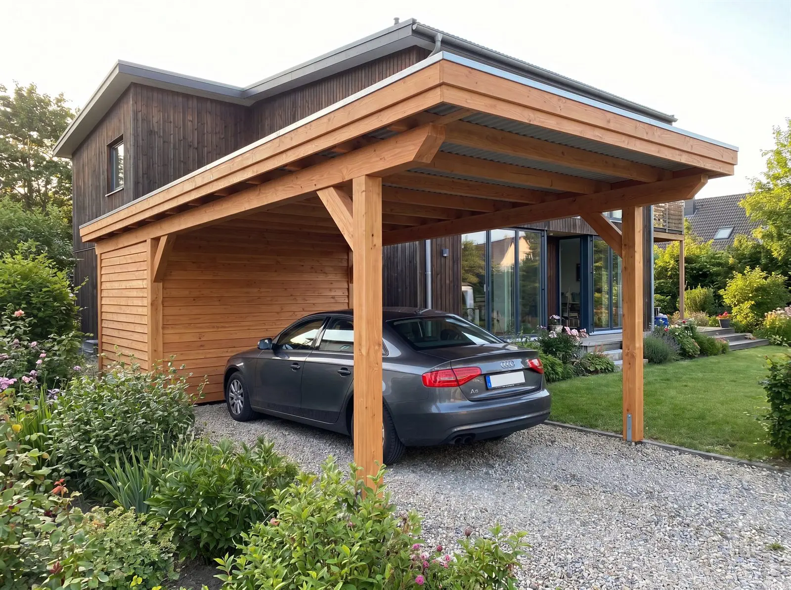 Selbstgebauter Holz-Carport aus Douglasie mit Flachdach neben einem Wohnhaus