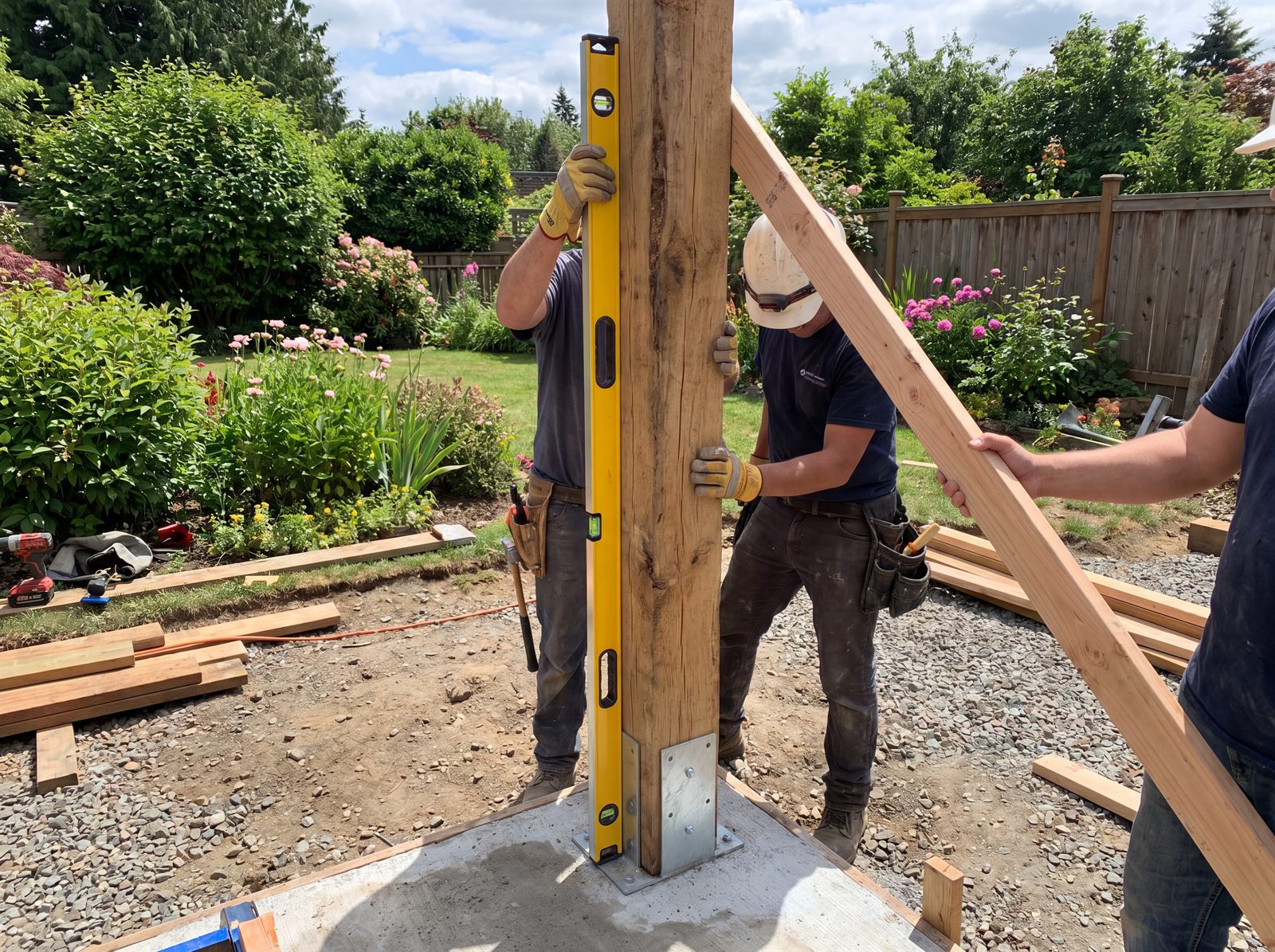 Holzpfosten eines Carports werden mit Pfostenträgern auf Betonfundamenten ausgerichtet