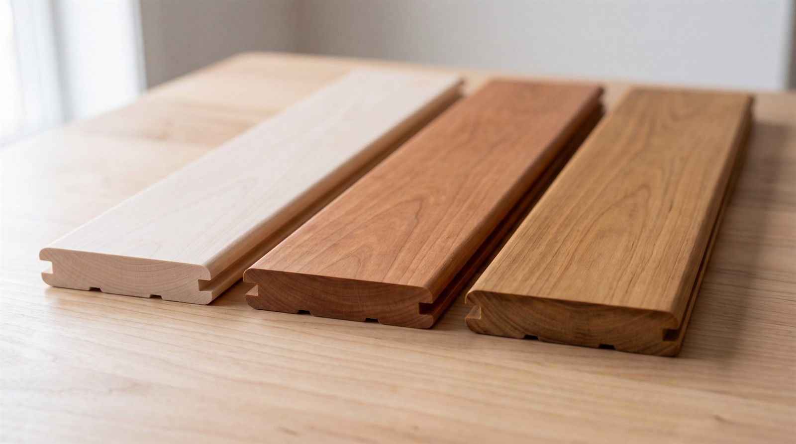Bretter aus Espe, Erle und Thermoespe nebeneinander auf einem Tisch im Vergleich