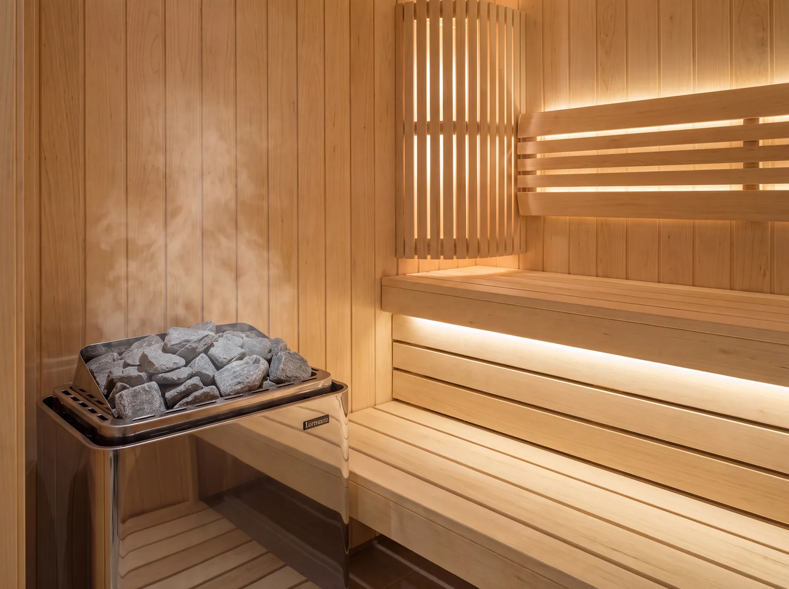 Saunaofen mit aufgeschichteten Saunasteinen in einer Holzsauna mit heller Espe-Verkleidung