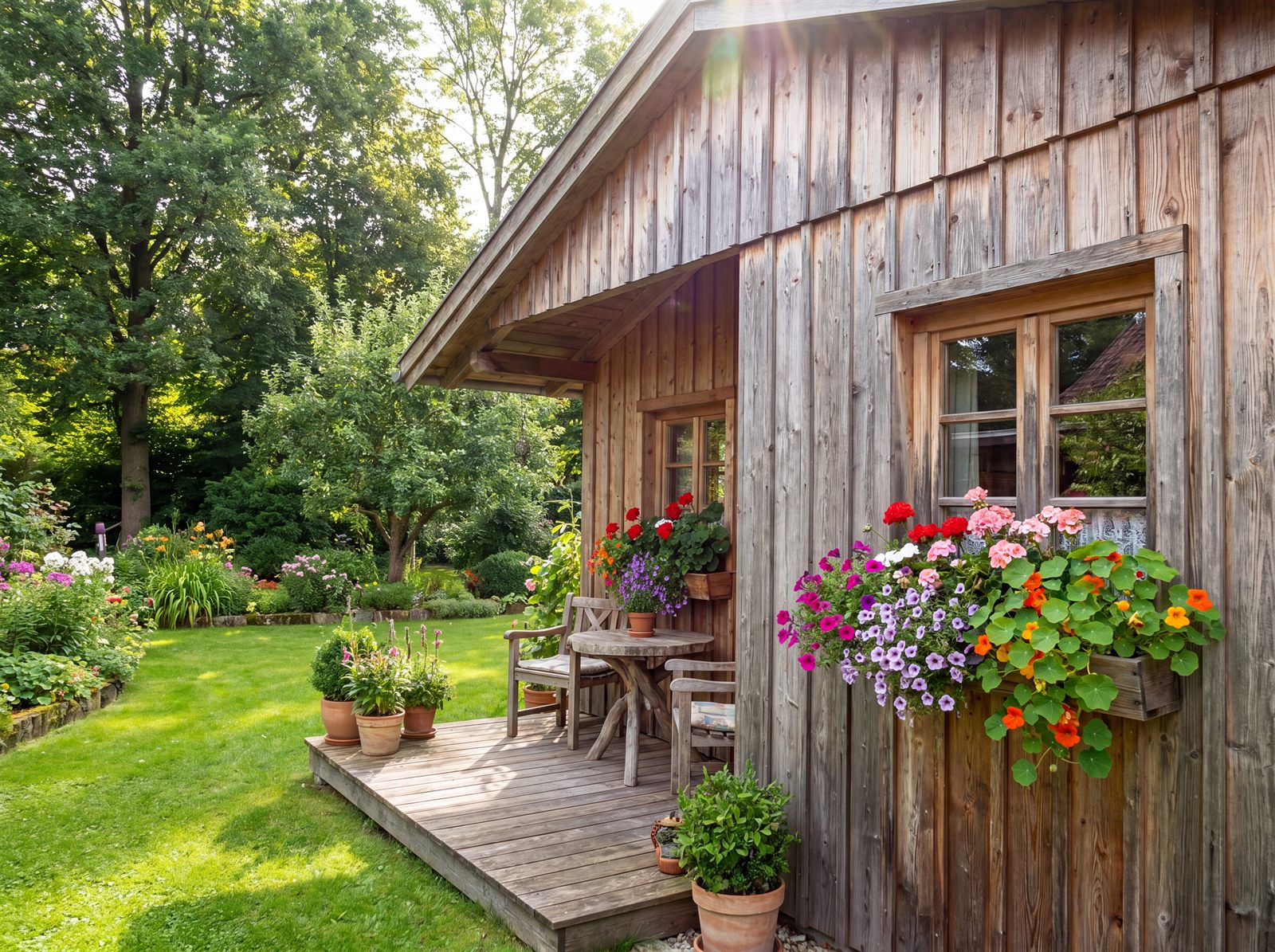 Fertig aufgestelltes Gartenhaus aus Lärchenholz mit kleiner Holzterrasse und Blumenkästen