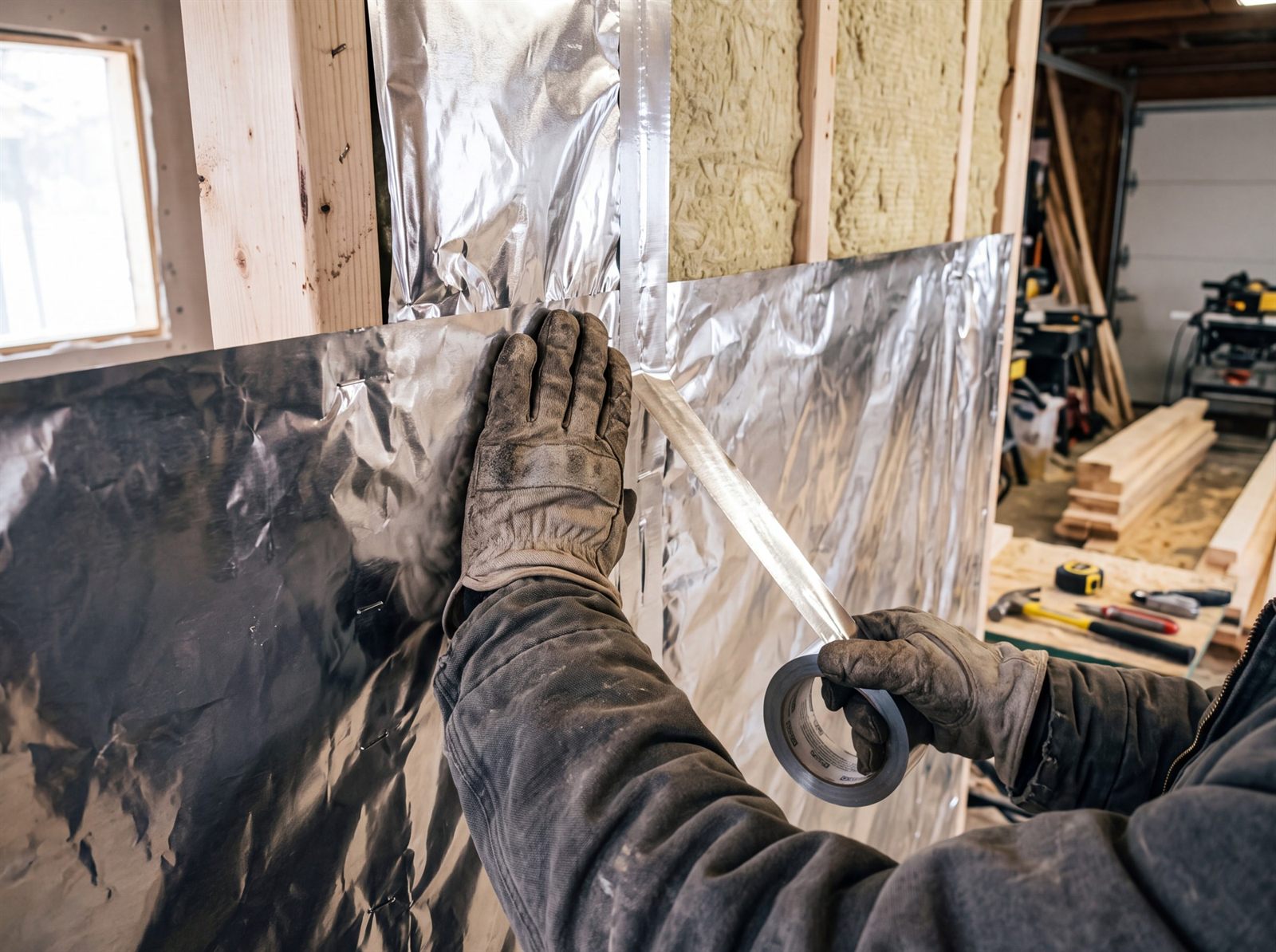 Alu-Dampfsperre wird an einer gedämmten Saunawand an den Stößen mit Alu-Klebeband verklebt