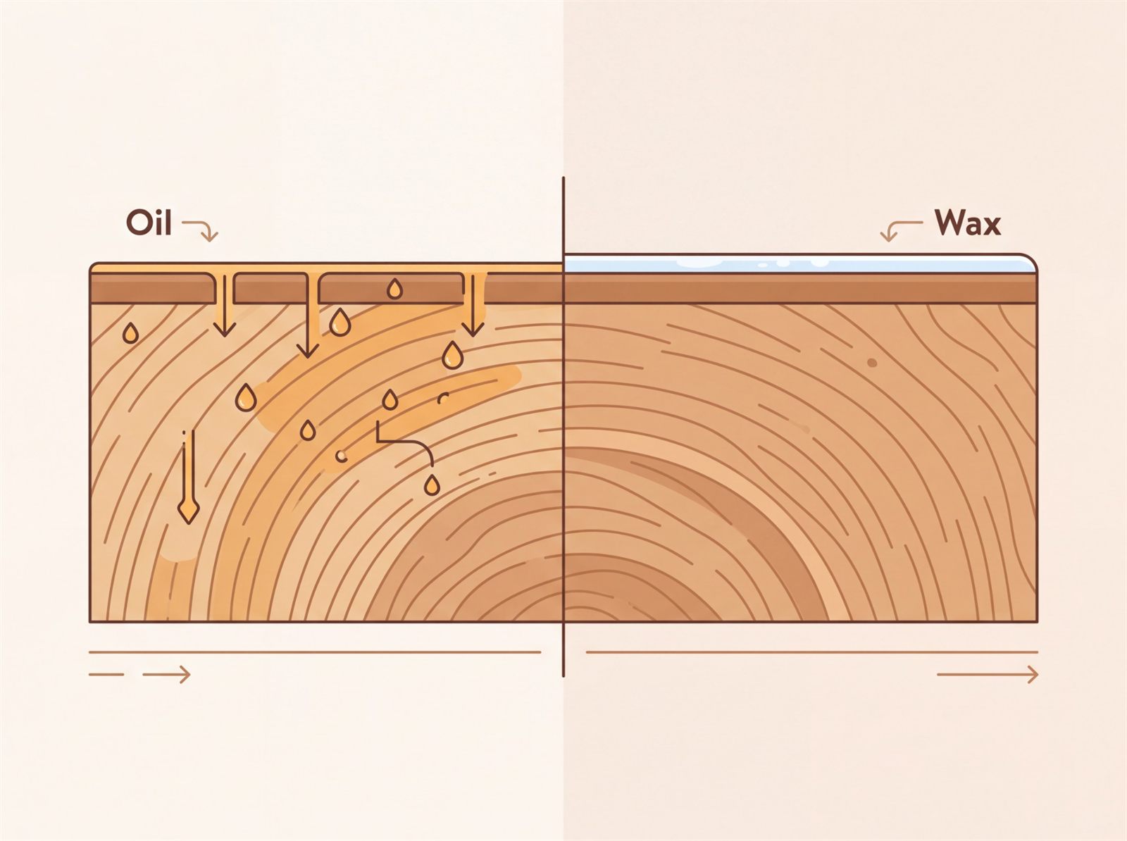 Querschnitt durch eine Holzdiele: Öl zieht links tief in die Holzfaser ein, Wachs bildet rechts eine Schicht an der Oberfläche