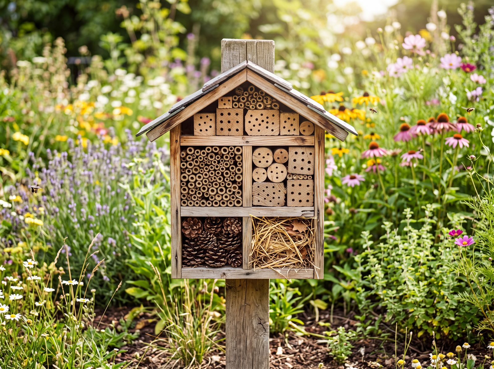 Fertig gebautes Insektenhotel aus Holz mit verschiedenen Nistmaterialien im sonnigen Garten