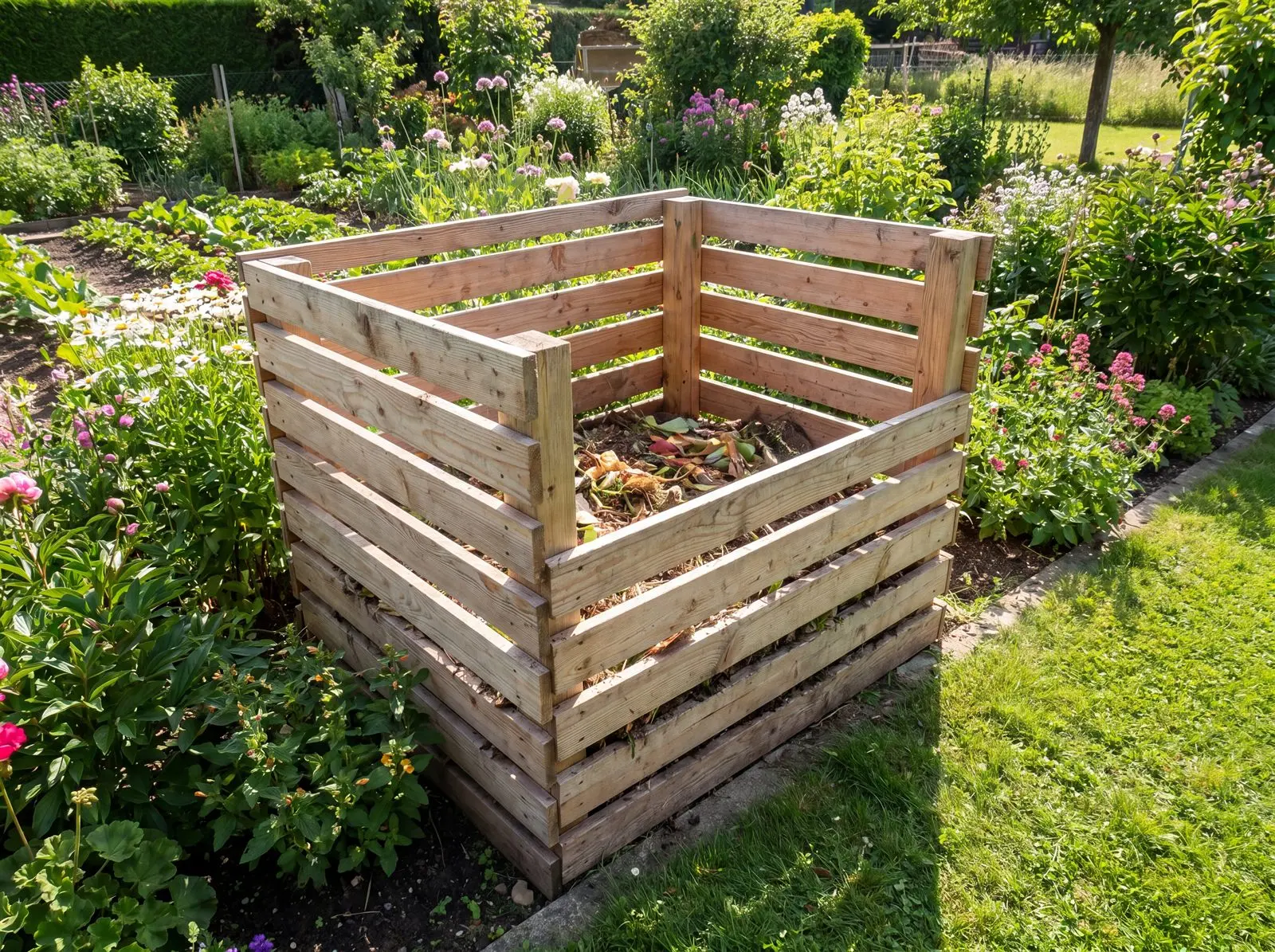 Selbst gebauter Komposter aus Lärchenholz mit Lattenabstand in einem grünen Garten