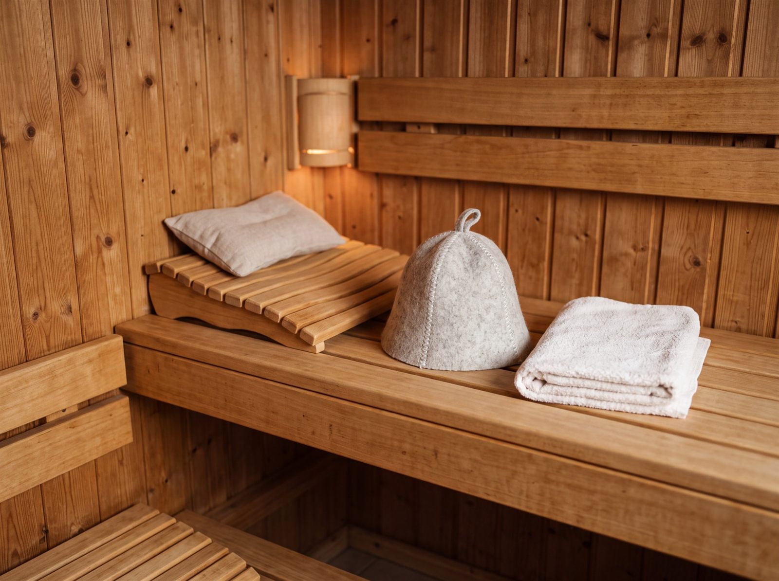 Saunabank aus Holz mit Nackenkissen, Kopfstütze, Saunahut und gefaltetem Handtuch