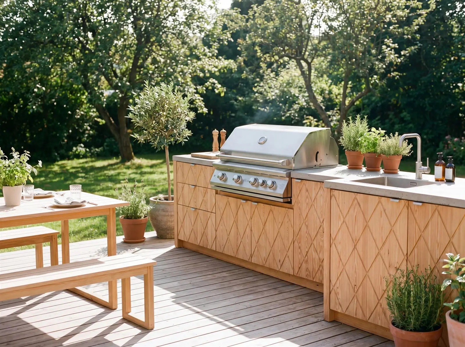 Moderne Outdoorküche aus Lärchenholz mit Grillmodul und Arbeitsfläche auf einer Terrasse