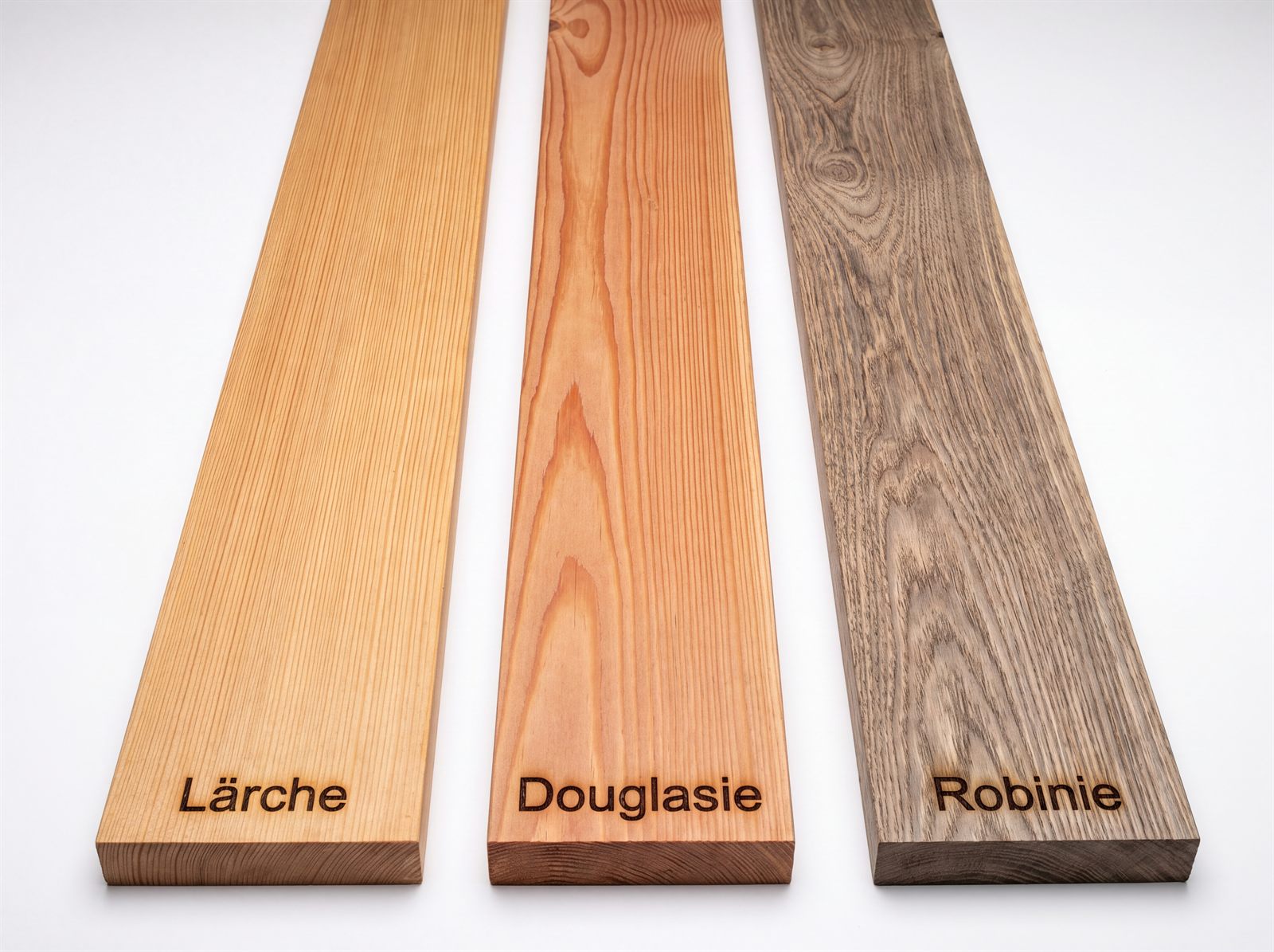 Drei unterschiedliche Holzbretter aus Lärche, Douglasie und Robinie nebeneinander zum Vergleich
