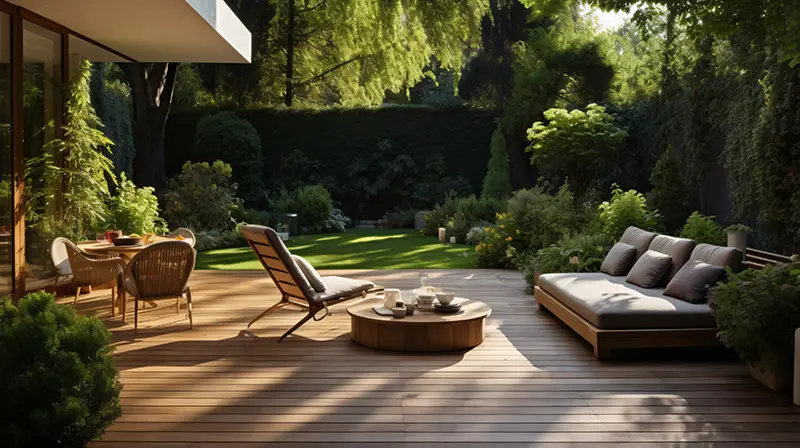 Grüner Garten mit Holzterrasse