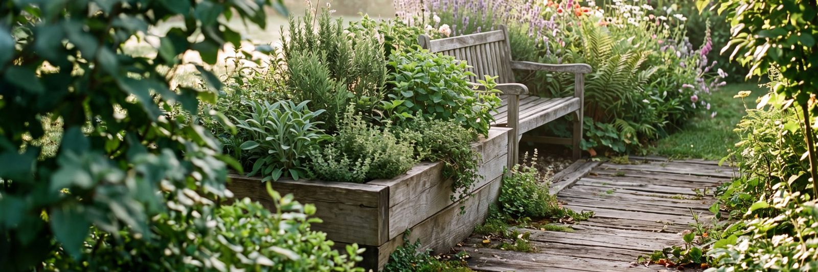 Gartenecke mit Holzhochbeet, Bank und Holzweg