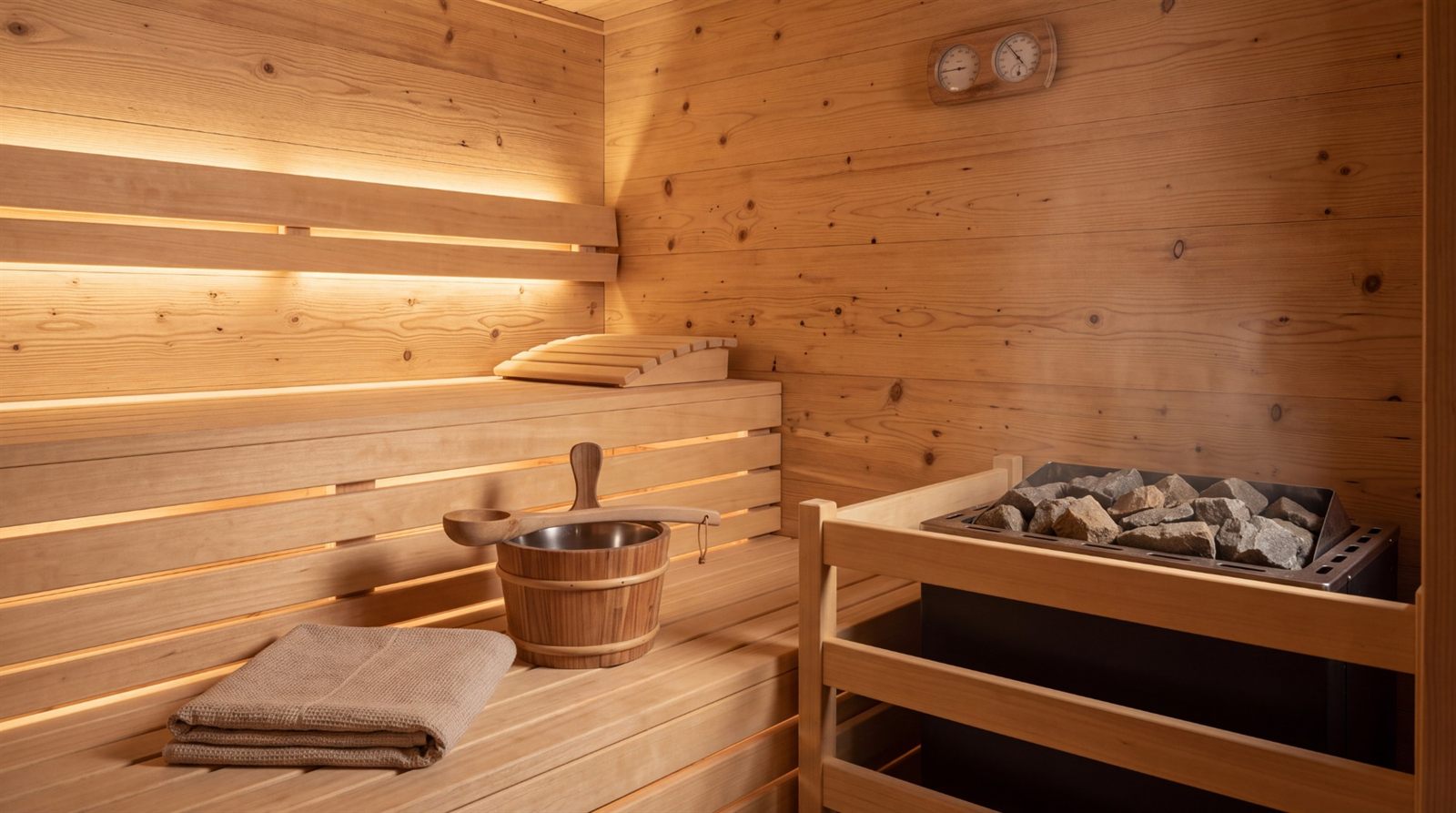 Sauna-Innenraum aus Holz mit Saunaofen, Aufguss-Eimer mit Kelle, Handtuch, Kopfstütze und Thermo-Hygrometer an der Wand