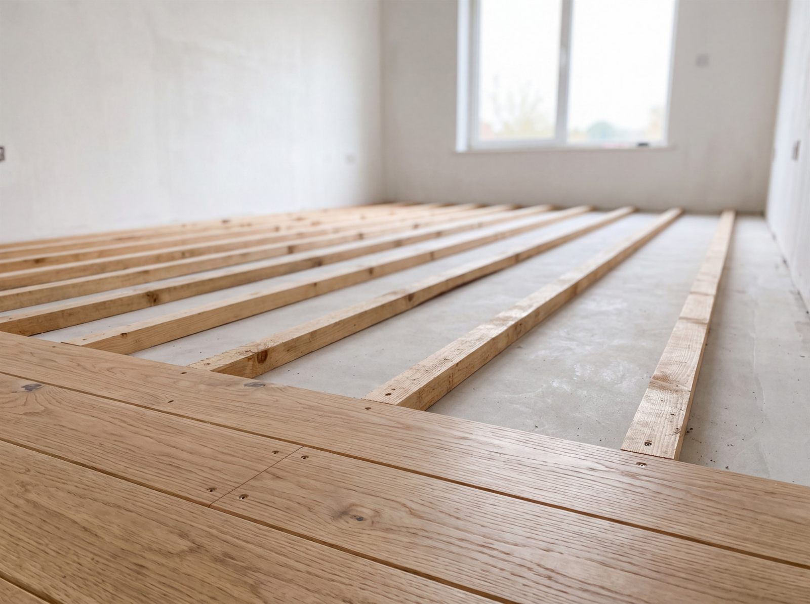 Holzdielen auf einer Unterkonstruktion aus Lagerhölzern in einem leeren Raum, ein Teil der Dielen ist bereits verlegt