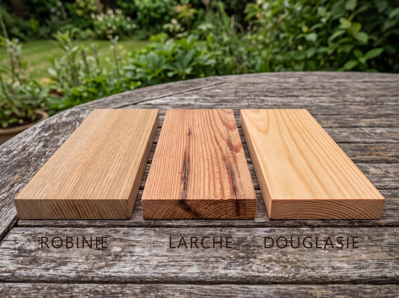 Drei gehobelte Holzbretter aus Robinie, Lärche und Douglasie nebeneinander auf einem verwitterten Gartentisch, mit Beschriftung der Holzarten