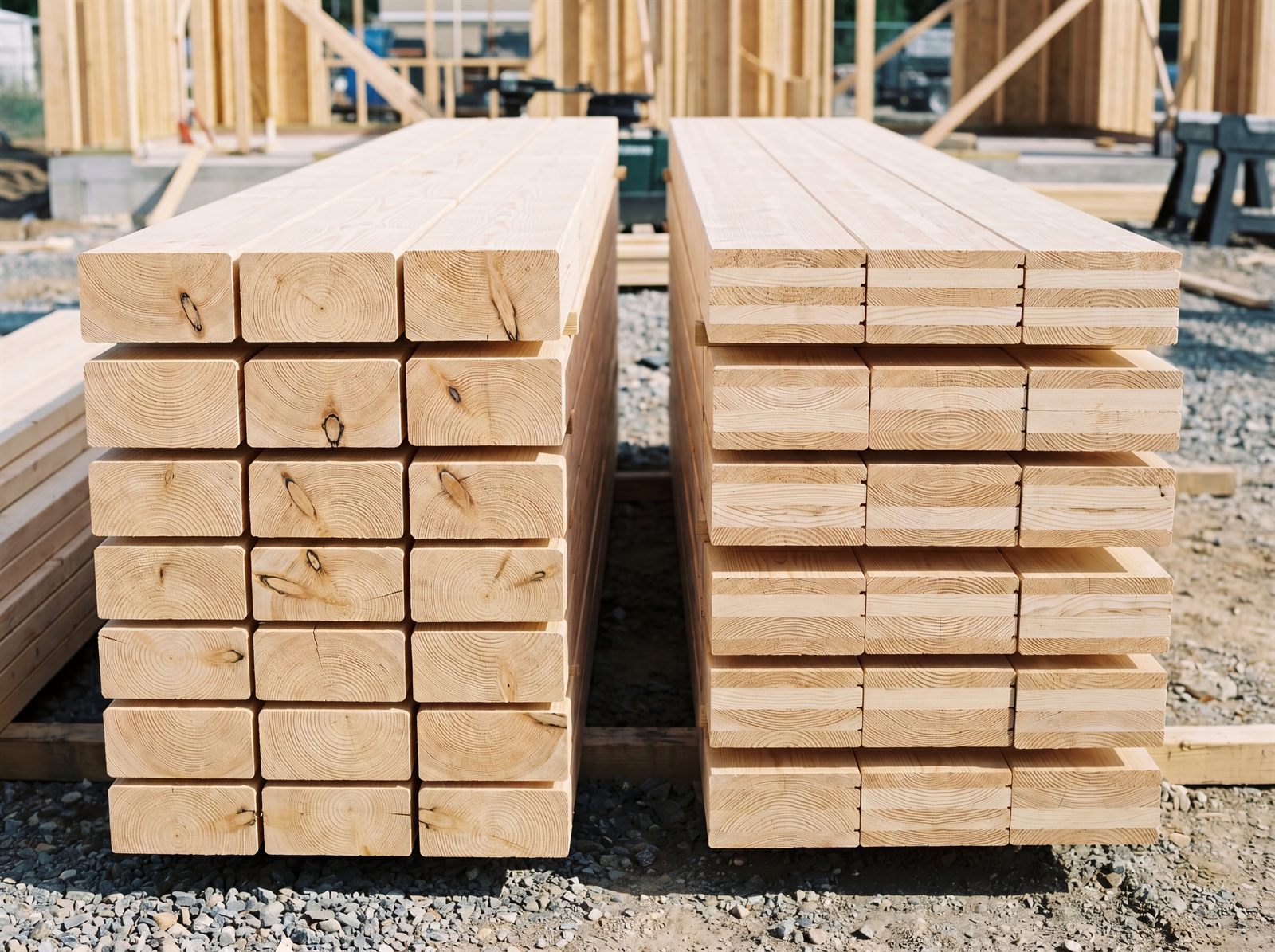 Stapel aus Konstruktionsvollholz und Brettschichtholz nebeneinander auf einer Baustelle
